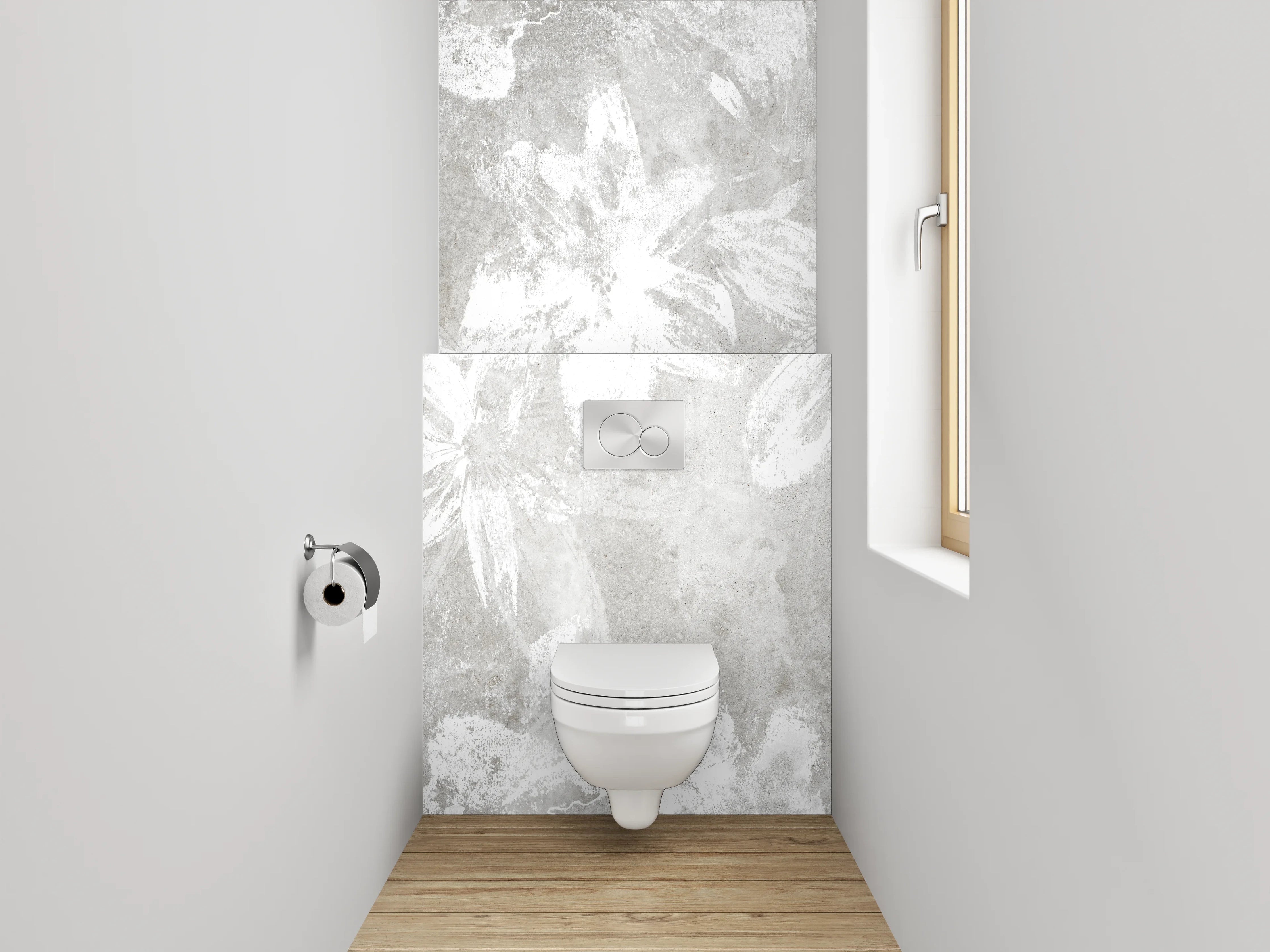 WC-Rückwand - Weiße florale Beton-Optik Blütenwand