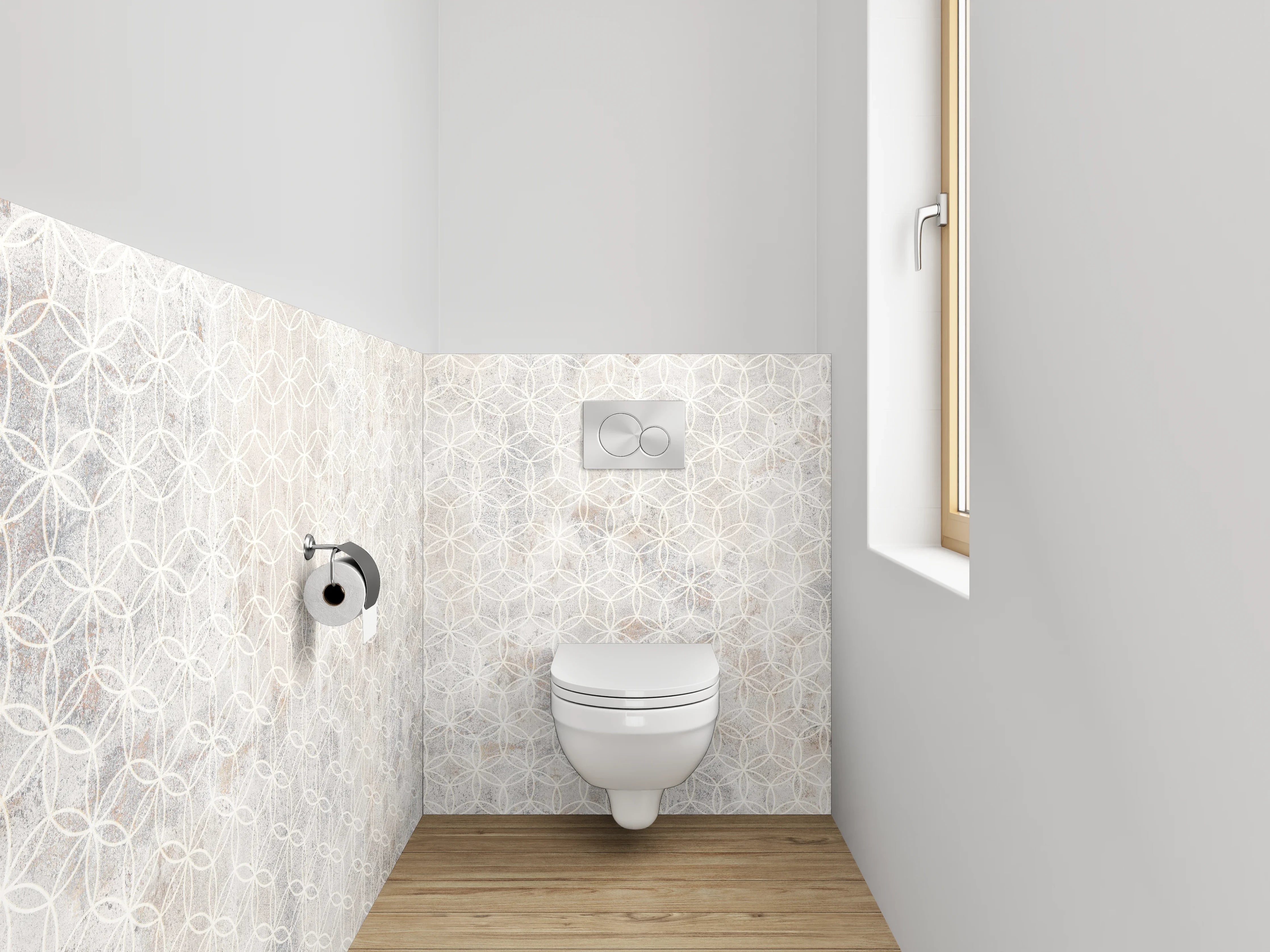 WC-Rückwand - Weiße und Beigeton-Muster mit geometrischen Formen