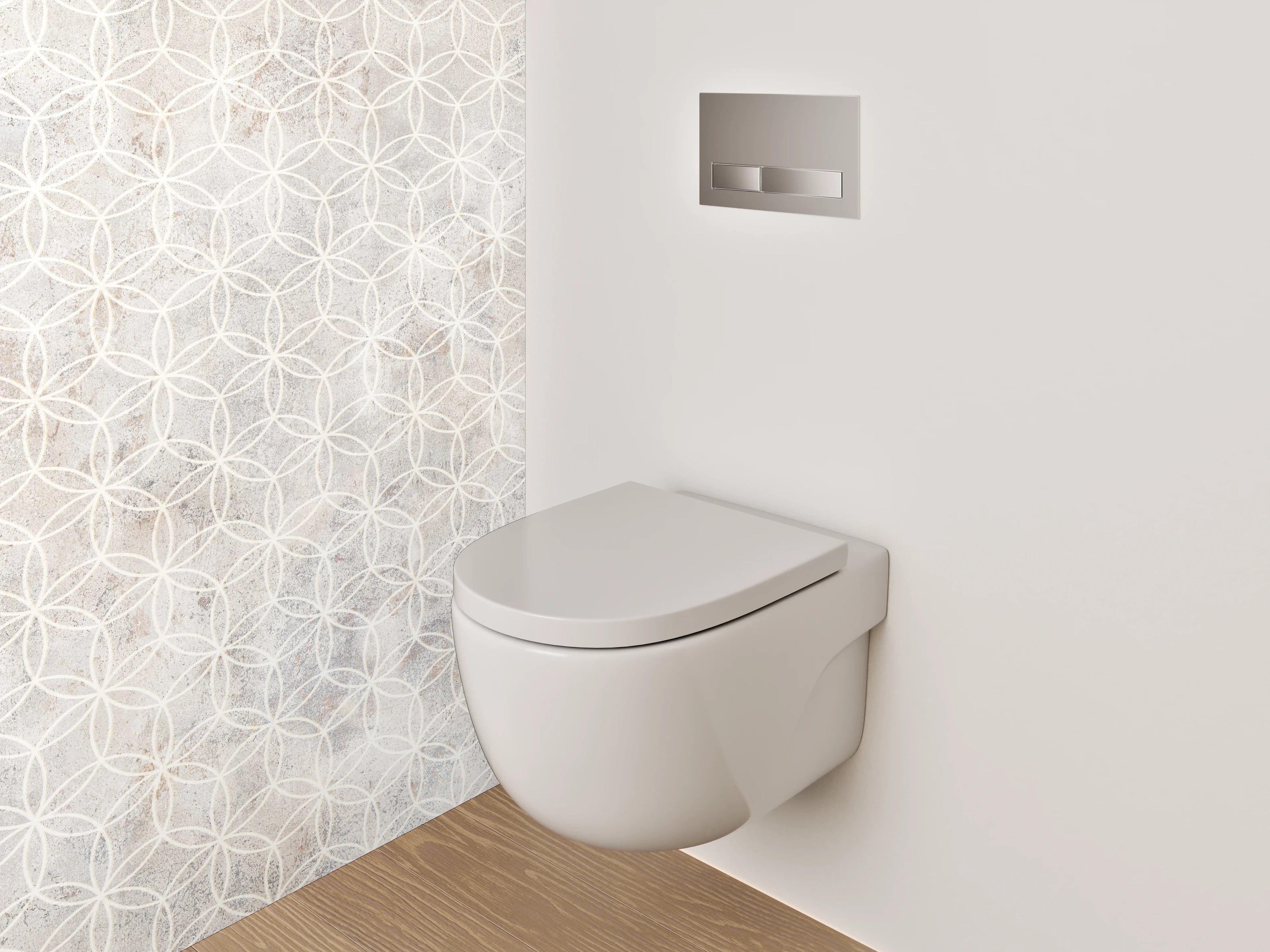 WC-Rückwand - Weiße und Beigeton-Muster mit geometrischen Formen