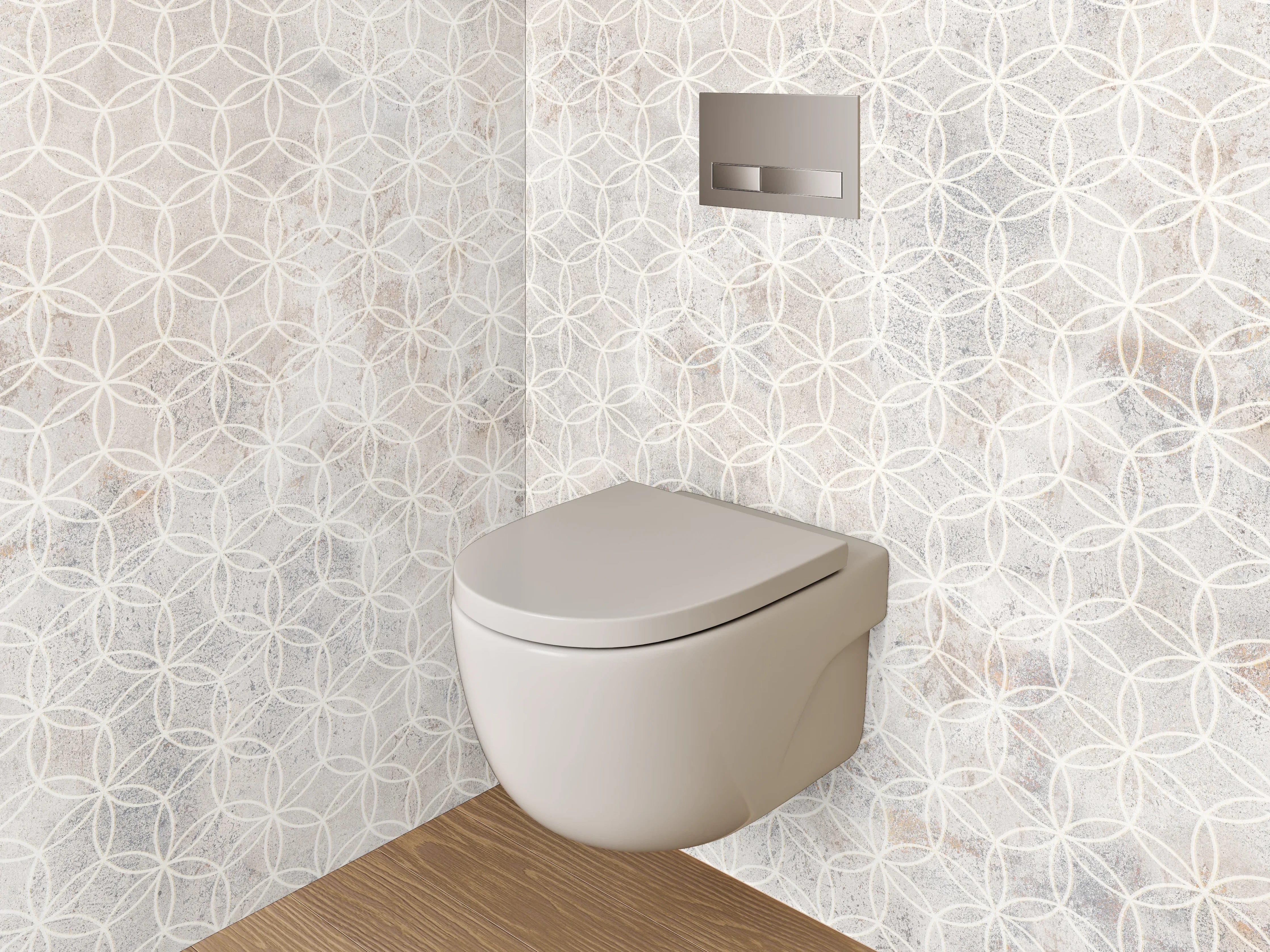 WC-Rückwand - Weiße und Beigeton-Muster mit geometrischen Formen