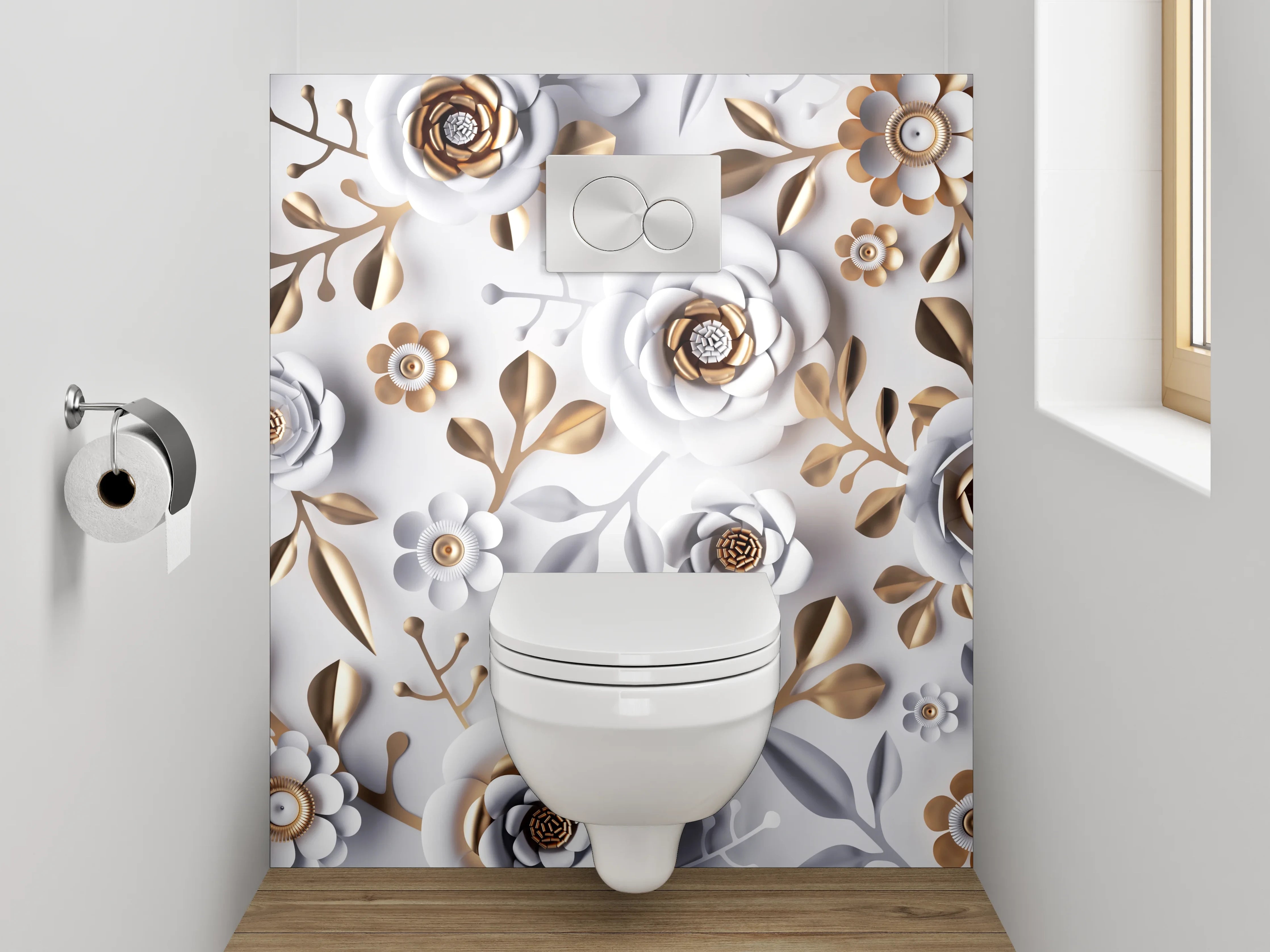 WC-Rückwand - Weiße und Goldene Blumen-Blumenmuster