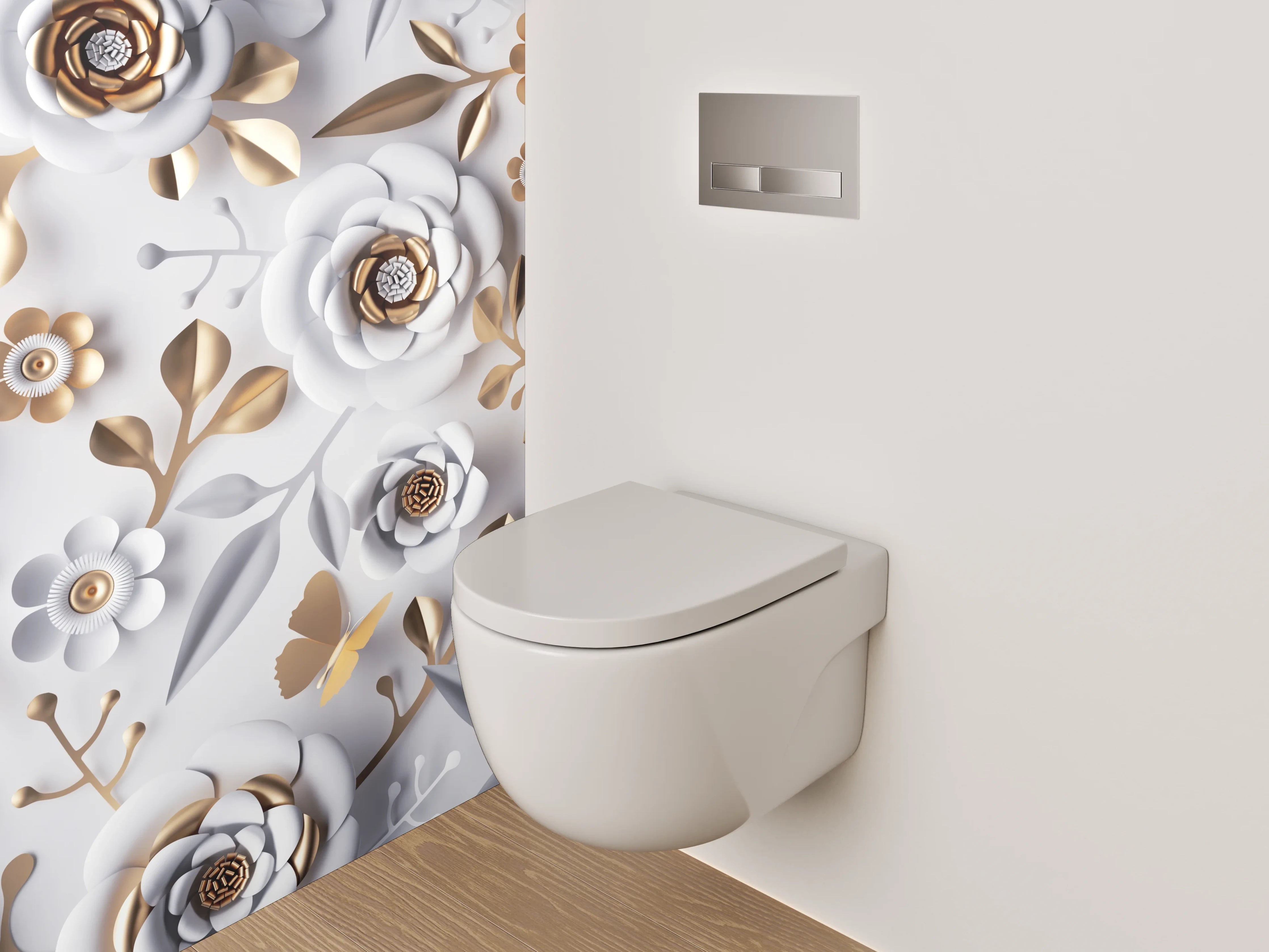 WC-Rückwand - Weiße und Goldene Blumen-Blumenmuster
