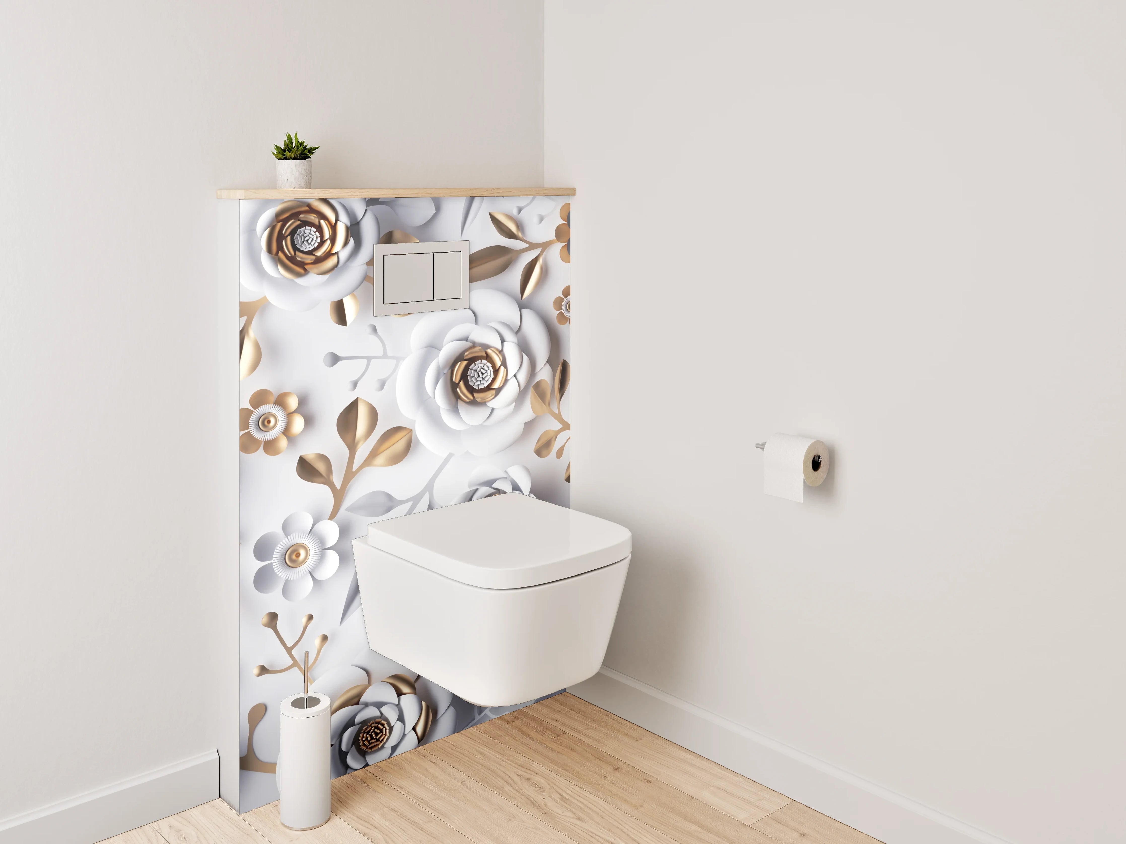 WC-Rückwand - Weiße und Goldene Blumen-Blumenmuster