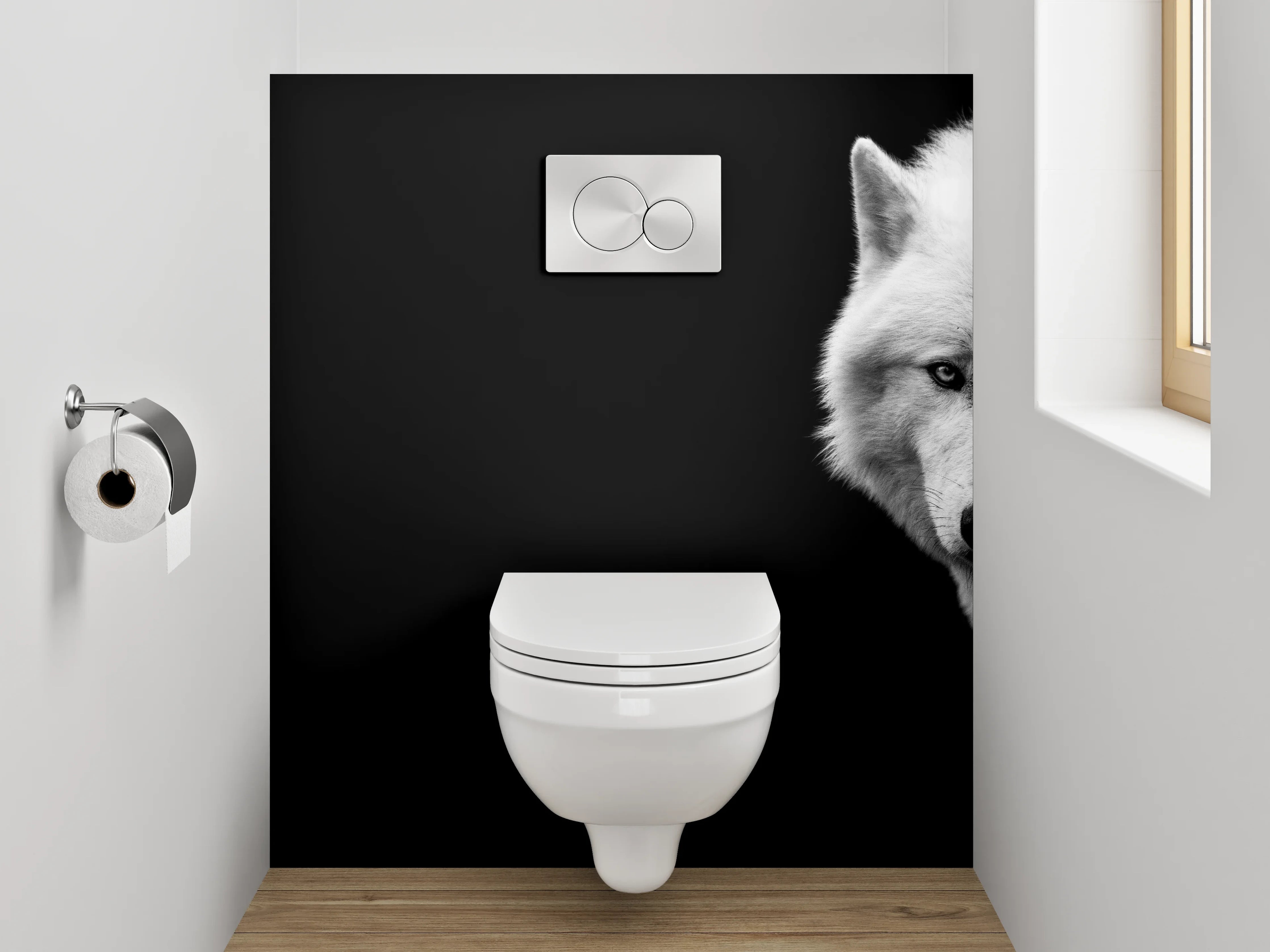 WC-Rückwand - Weißer Wolf auf schwarzem Hintergrund