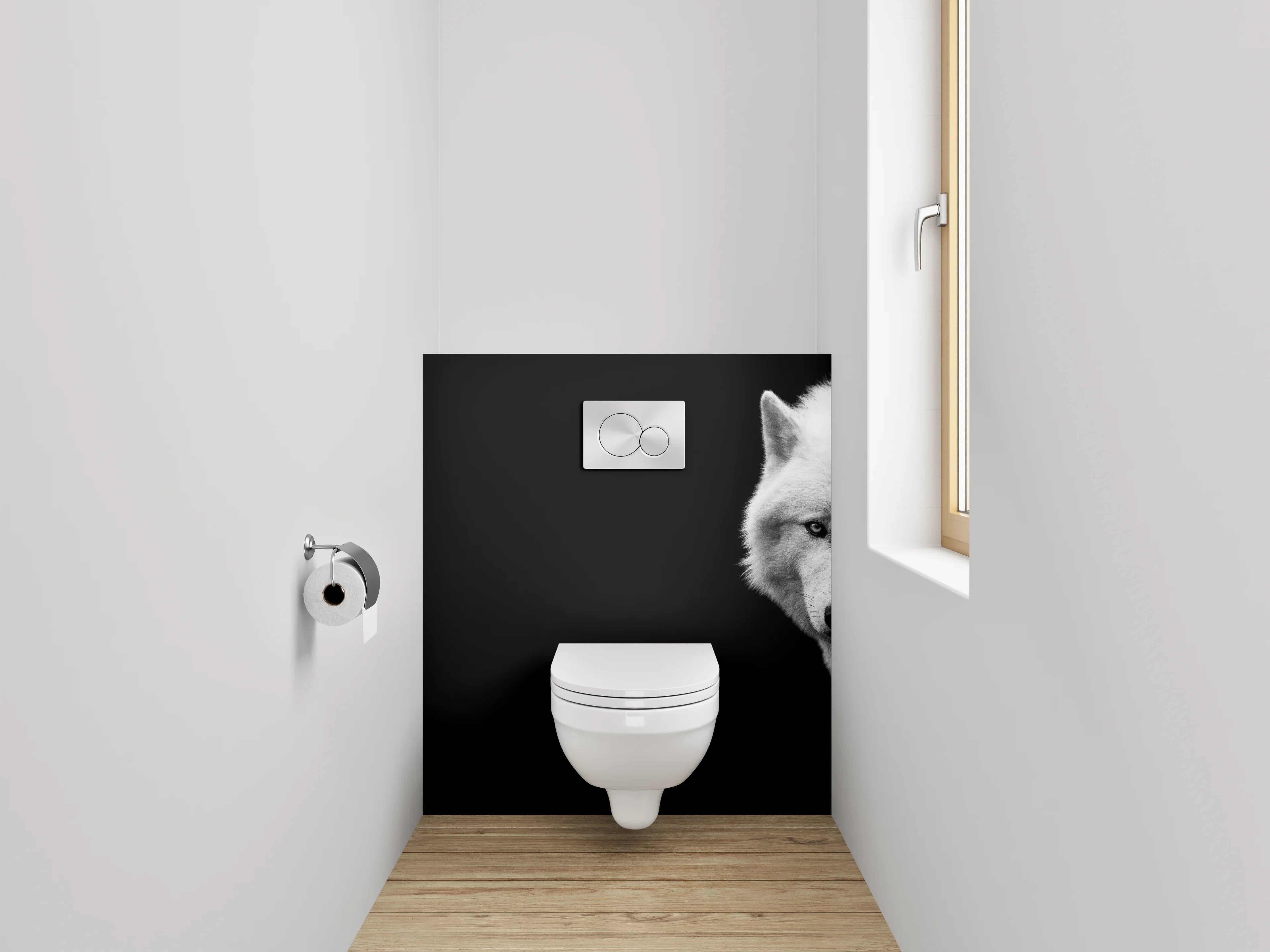 WC-Rückwand - Weißer Wolf auf schwarzem Hintergrund