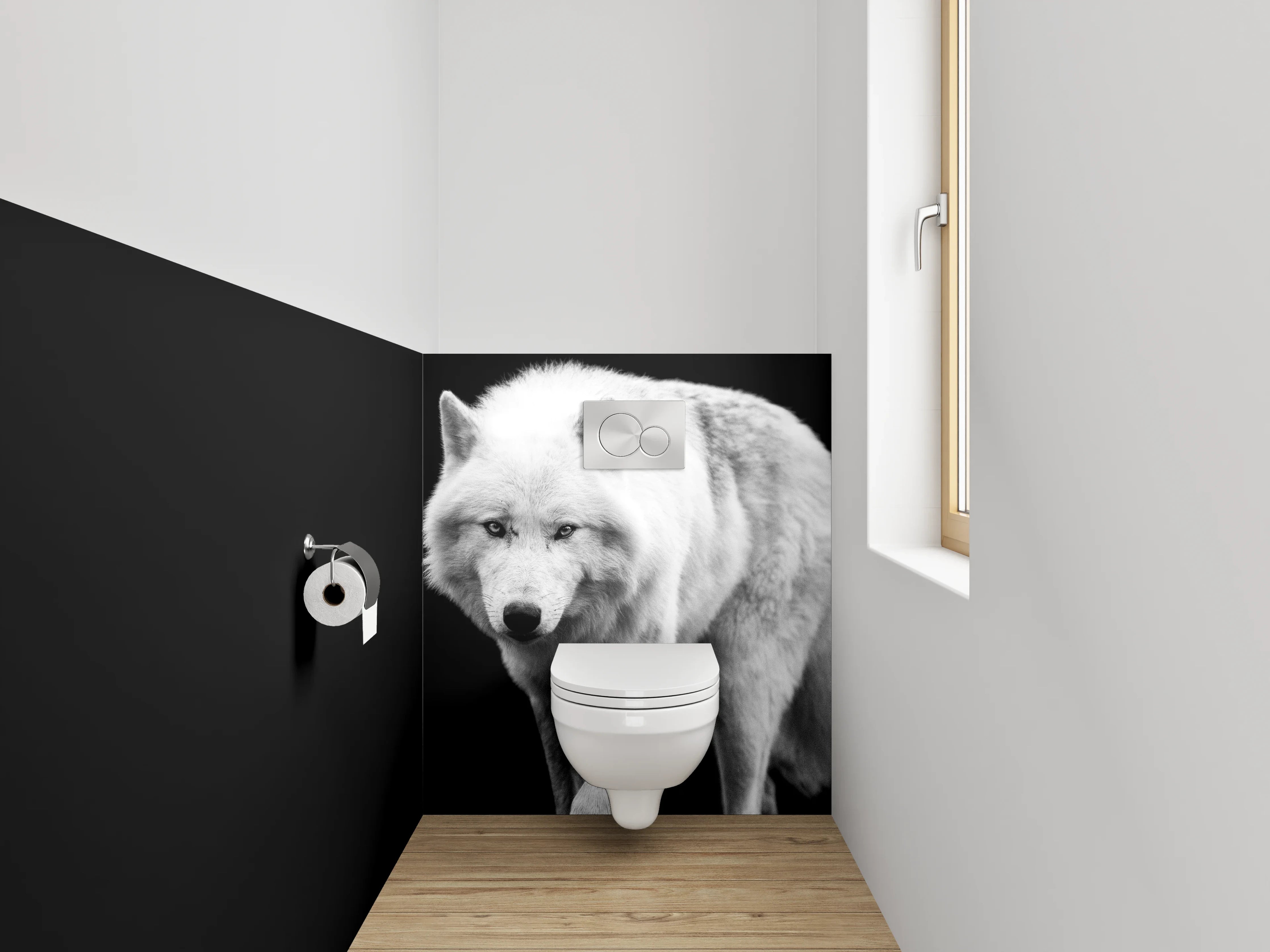 WC-Rückwand - Weißer Wolf auf schwarzem Hintergrund