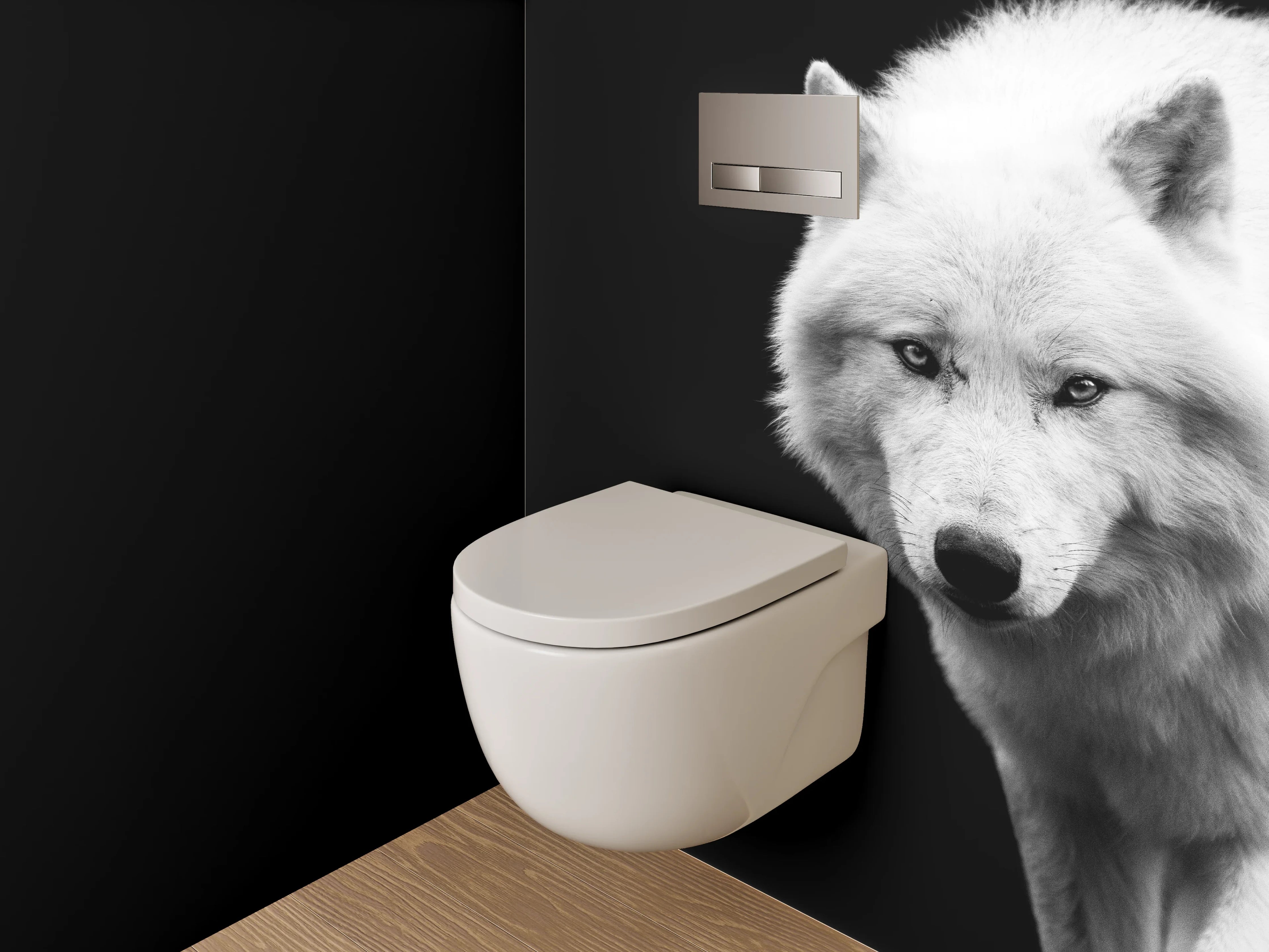 WC-Rückwand - Weißer Wolf auf schwarzem Hintergrund