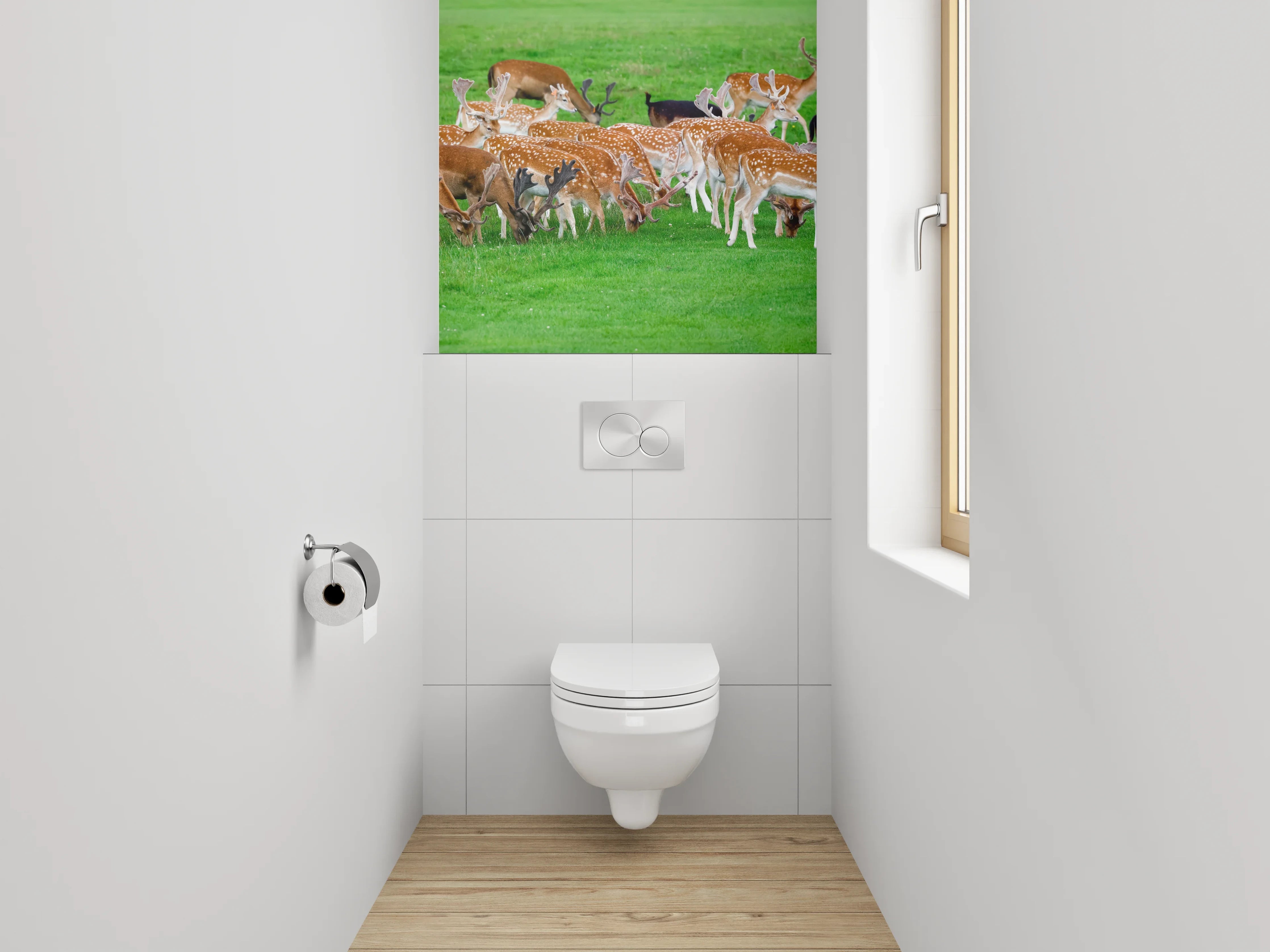 WC-Rückwand - Wild lebende Damhirsche auf grüner Wiese