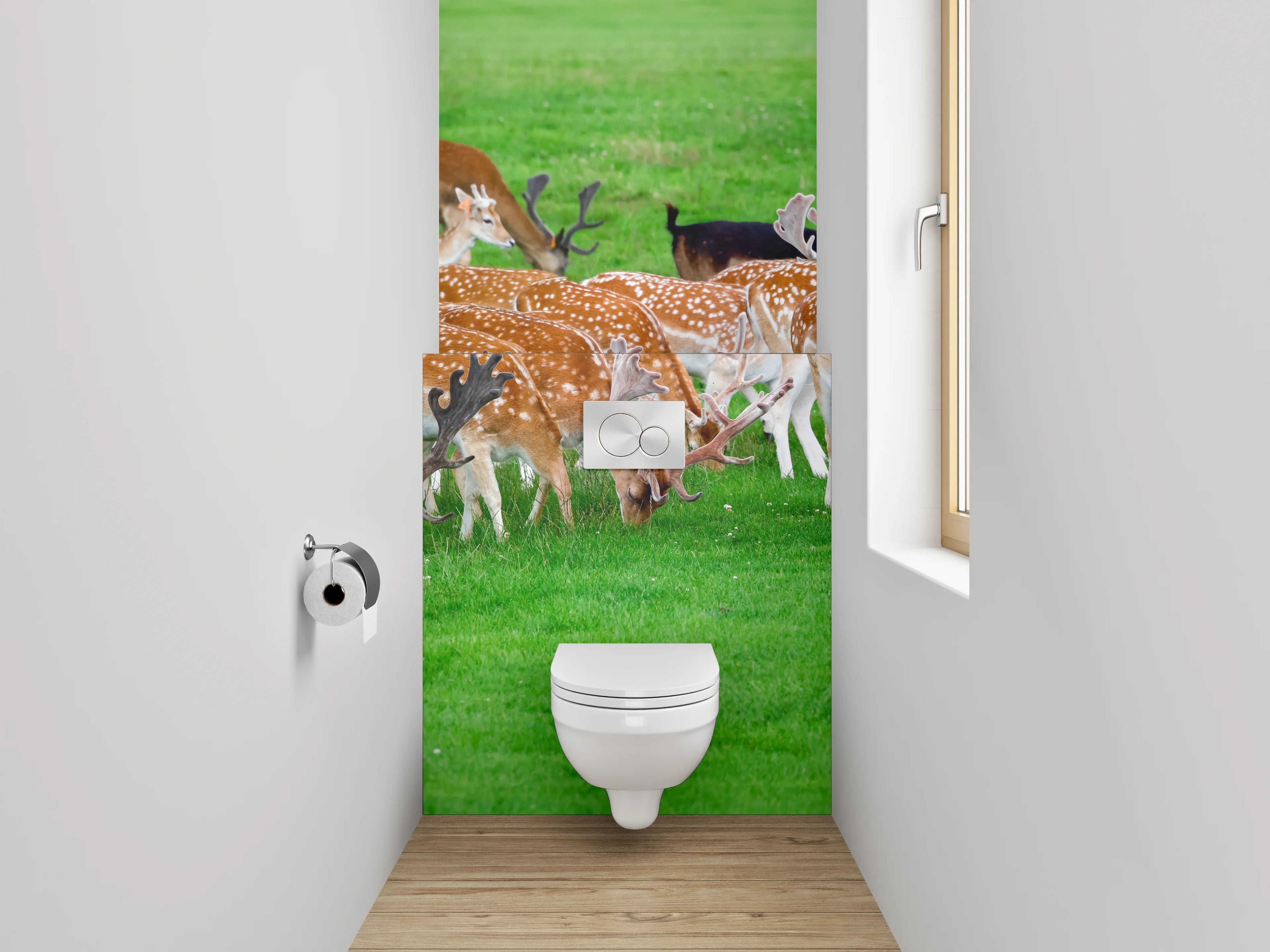 WC-Rückwand - Wild lebende Damhirsche auf grüner Wiese