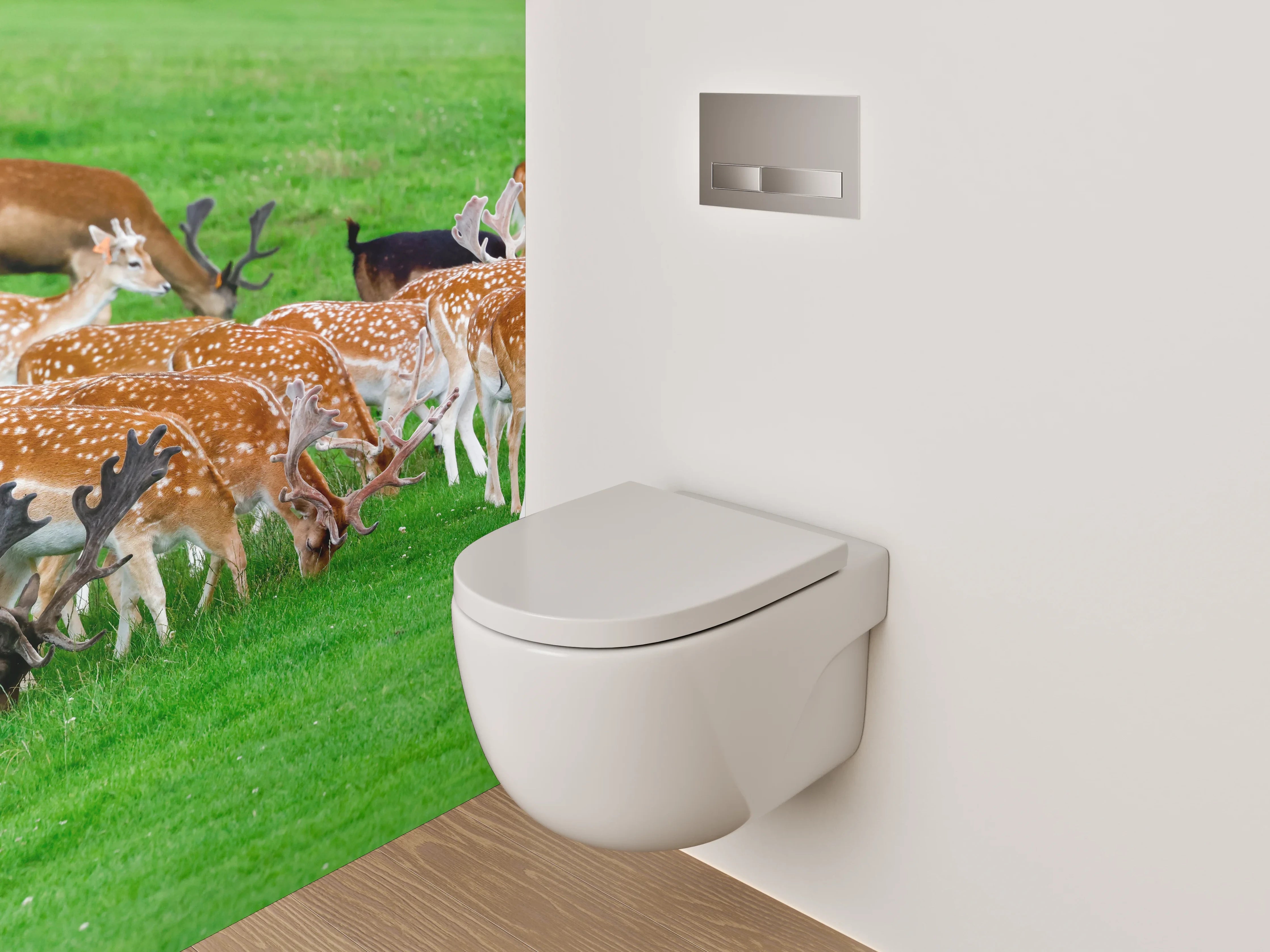 WC-Rückwand - Wild lebende Damhirsche auf grüner Wiese