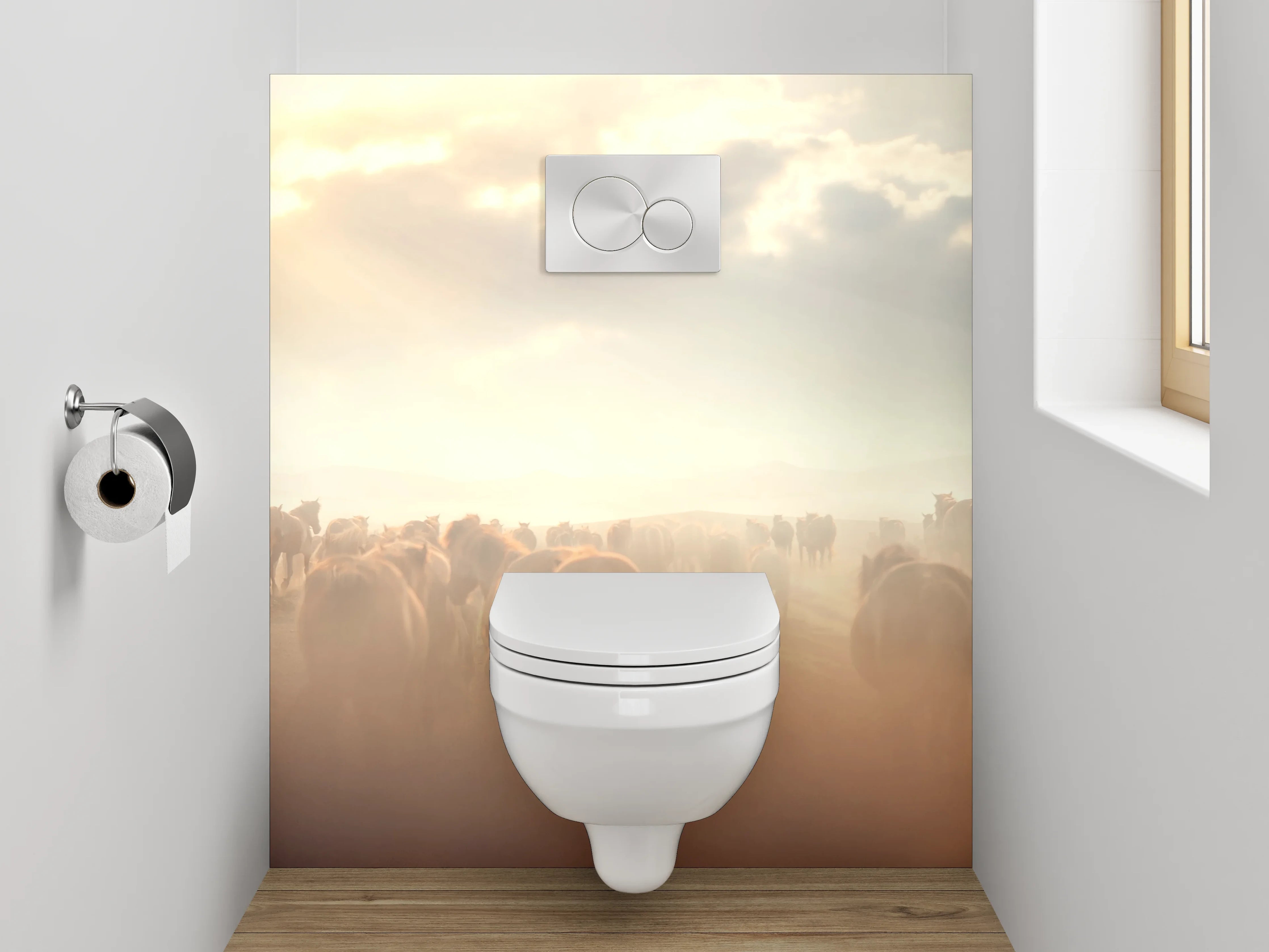 WC-Rückwand - Wildpferdeherde im Sonnenlicht Panorama