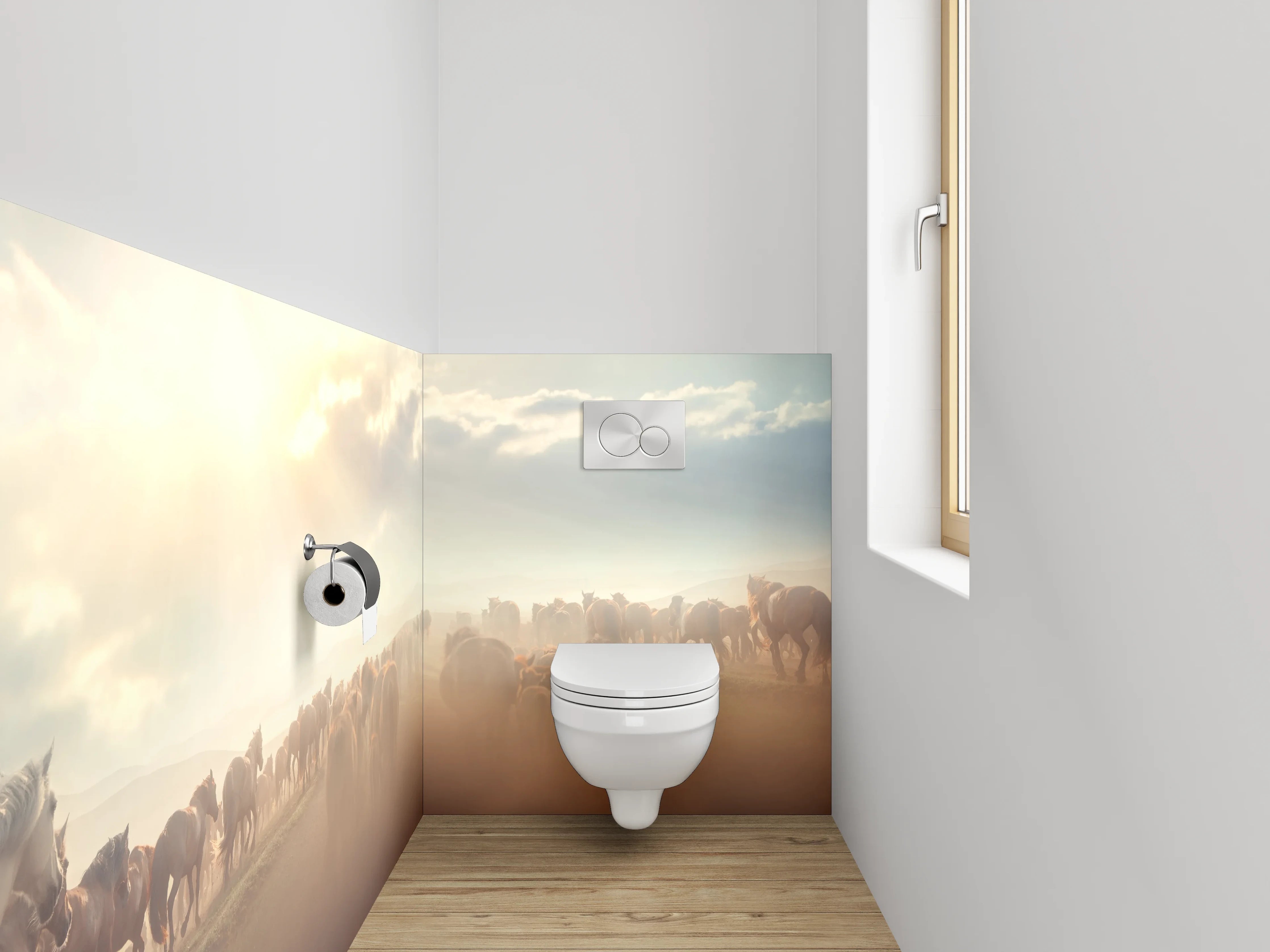 WC-Rückwand - Wildpferdeherde im Sonnenlicht Panorama