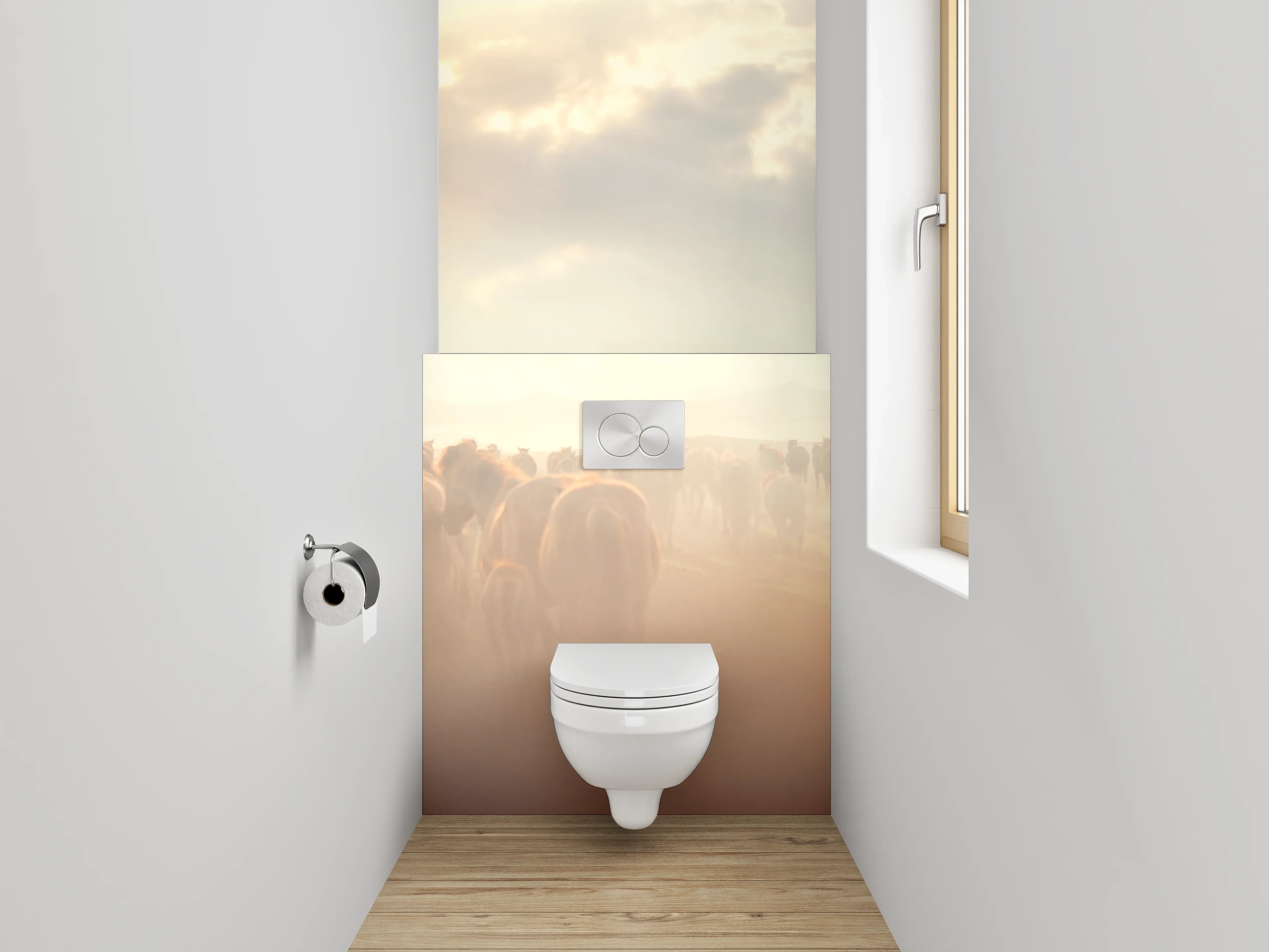 WC-Rückwand - Wildpferdeherde im Sonnenlicht Panorama