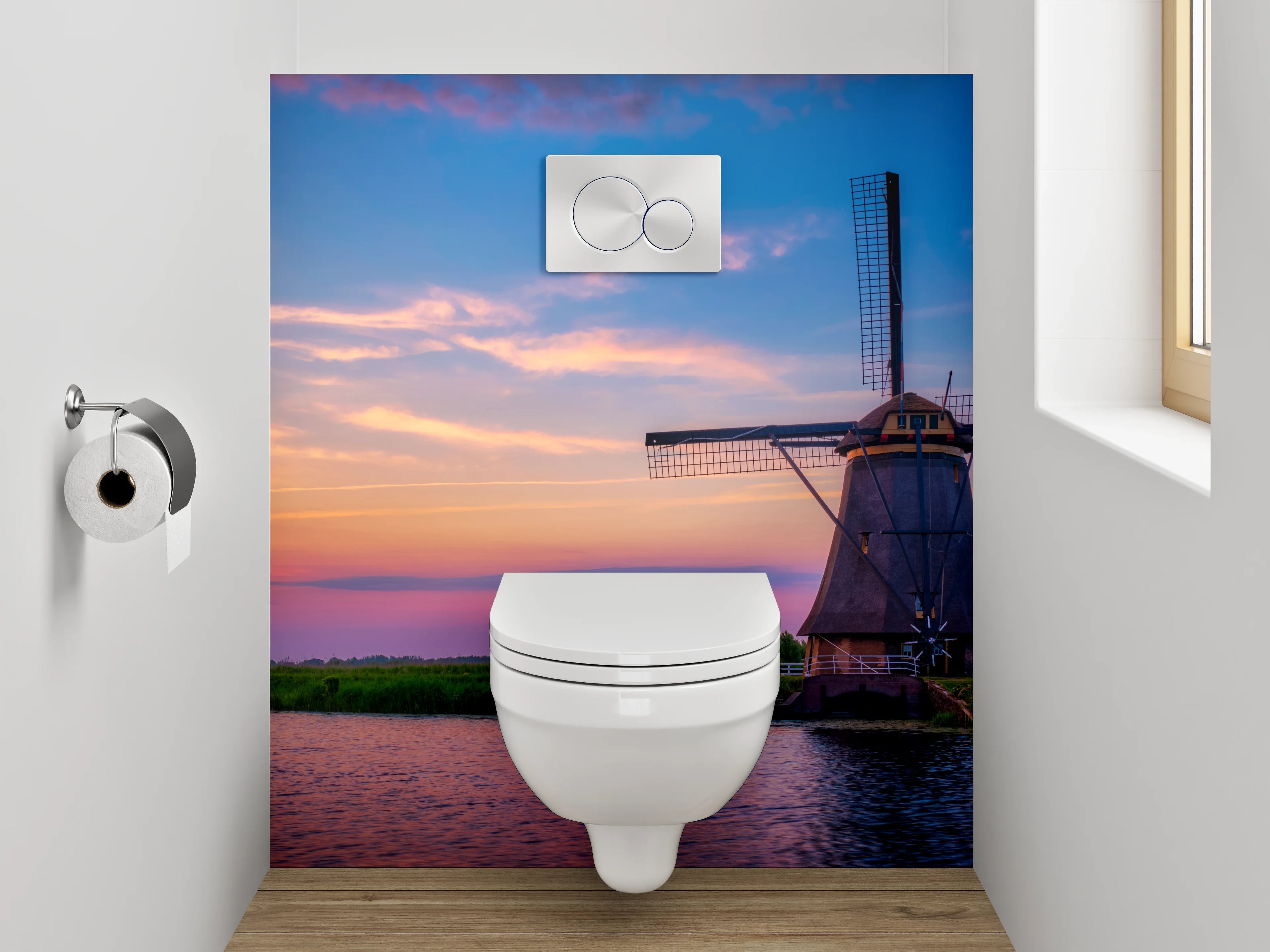 WC-Rückwand - Windmühlen im Sonnenuntergang Panorama
