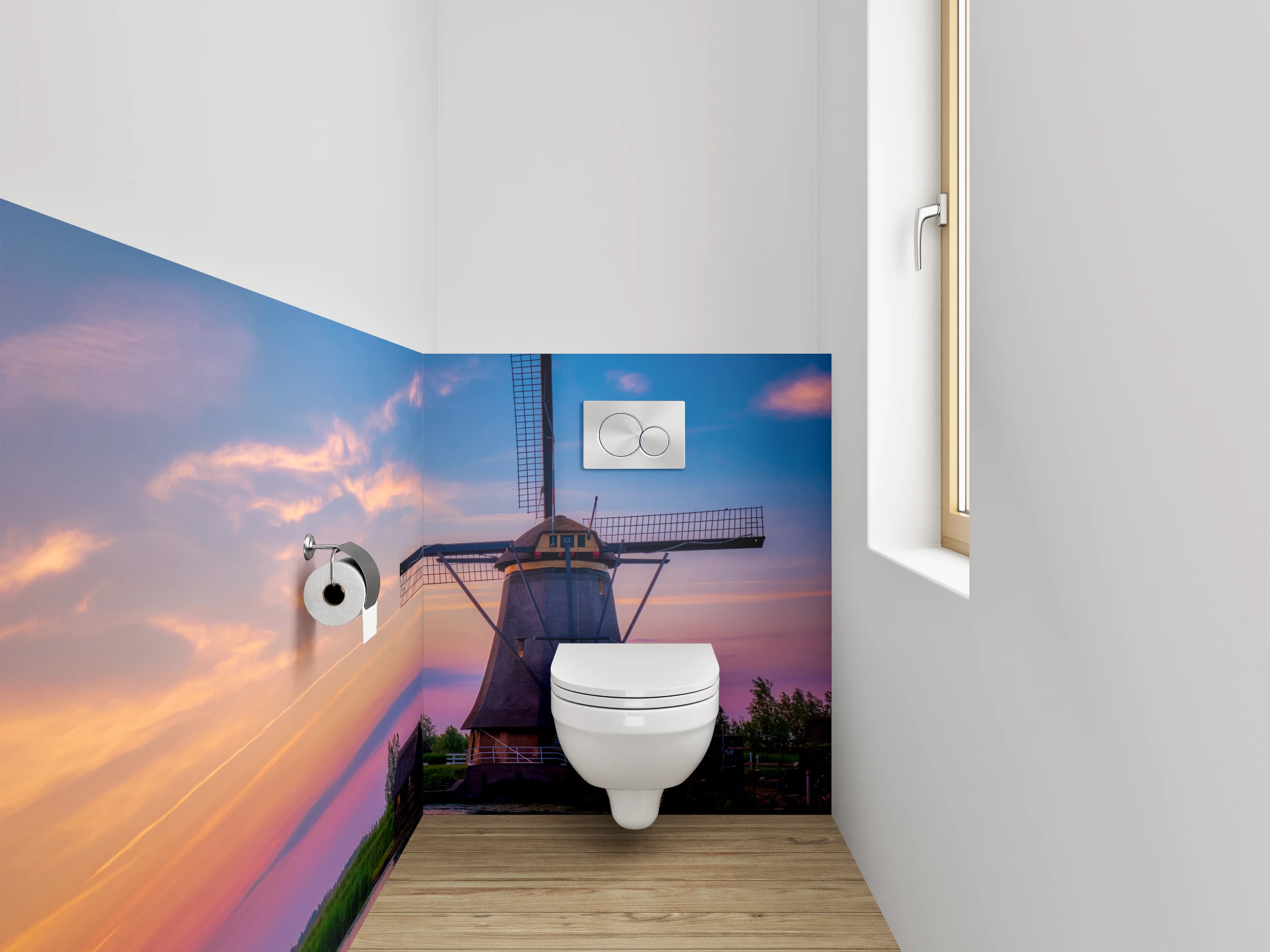 WC-Rückwand - Windmühlen im Sonnenuntergang Panorama