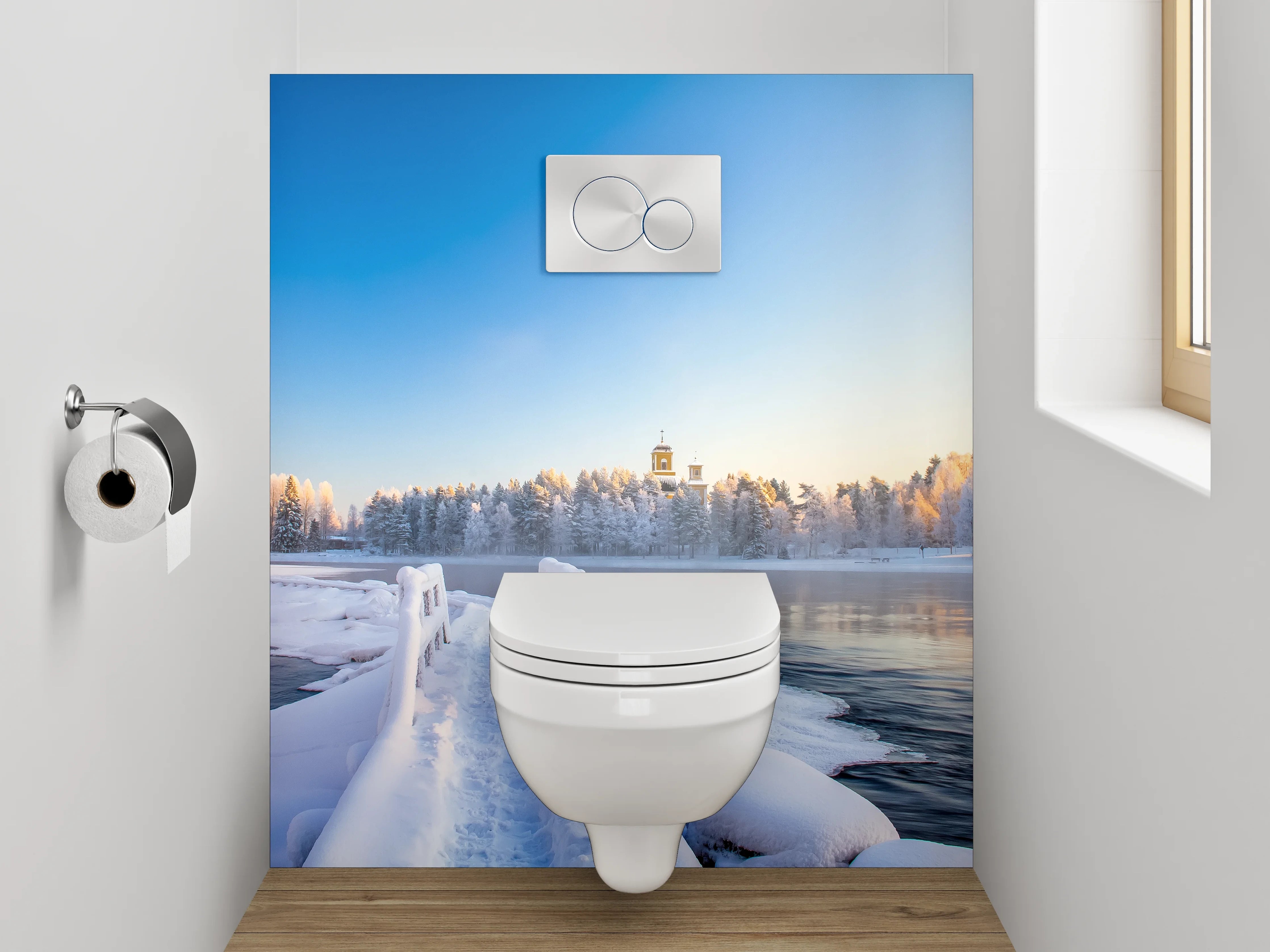 WC-Rückwand - Winterliche Flusslandschaft mit Holzbrücke