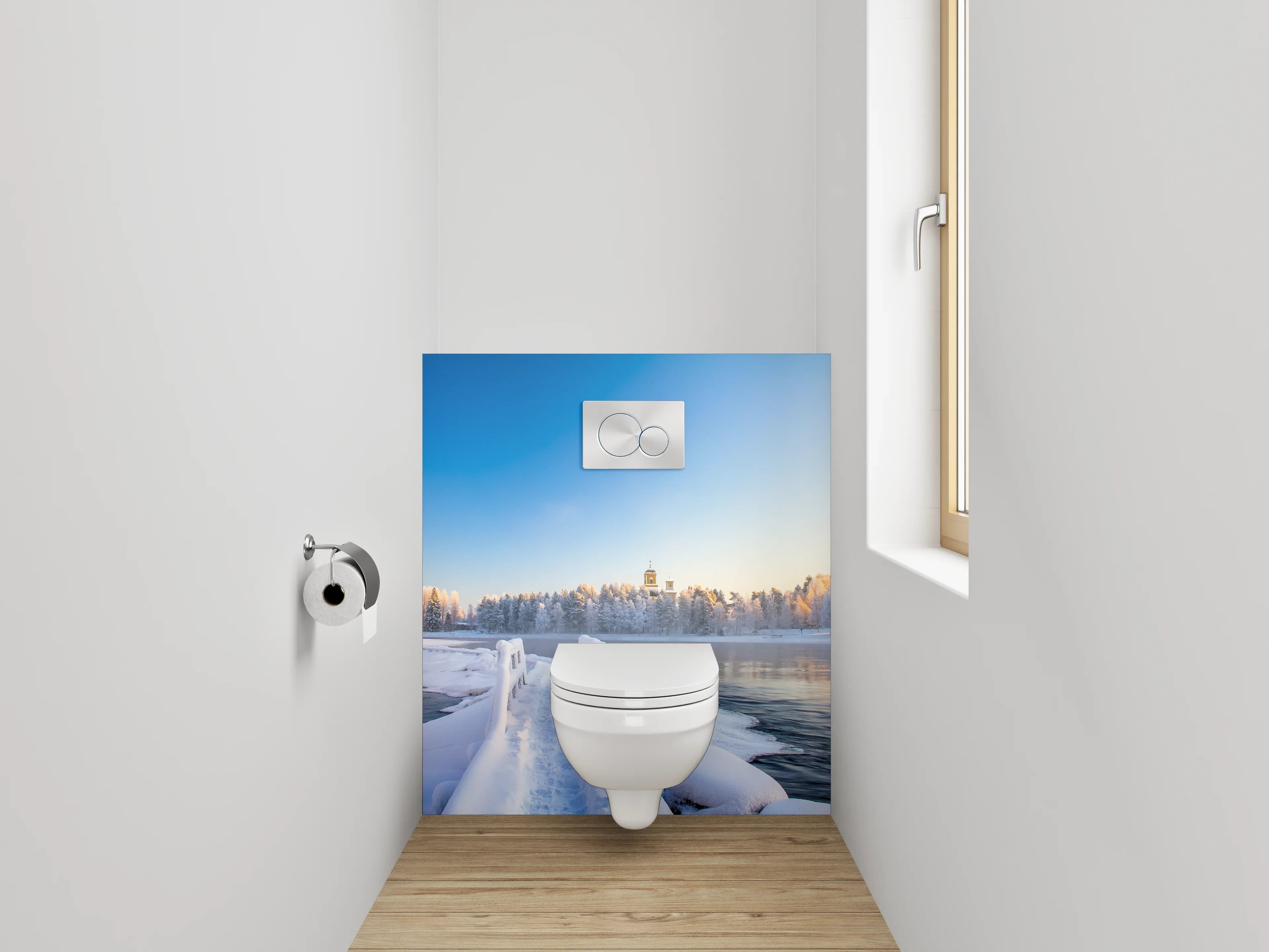 WC-Rückwand - Winterliche Flusslandschaft mit Holzbrücke