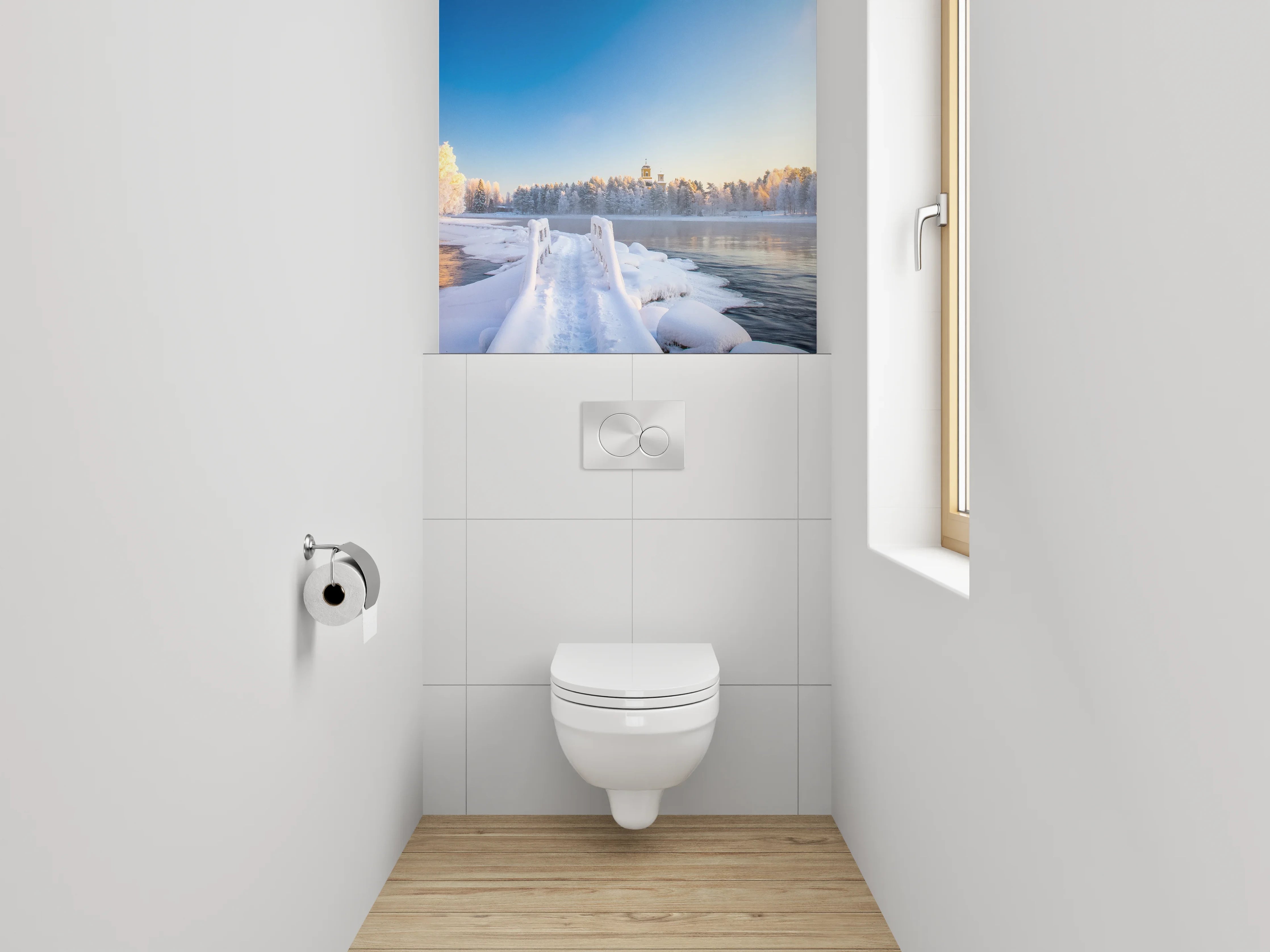 WC-Rückwand - Winterliche Flusslandschaft mit Holzbrücke