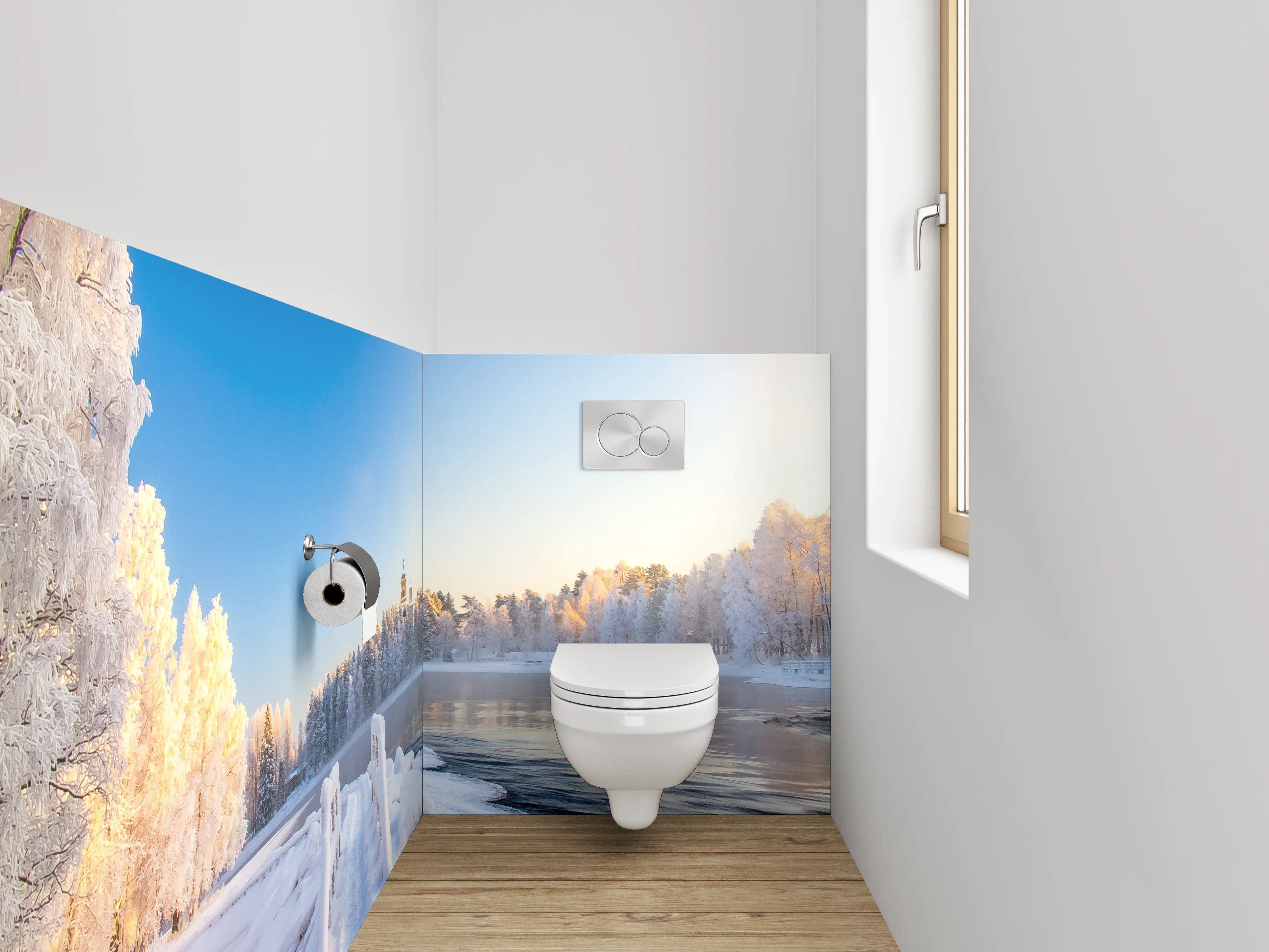 WC-Rückwand - Winterliche Flusslandschaft mit Holzbrücke