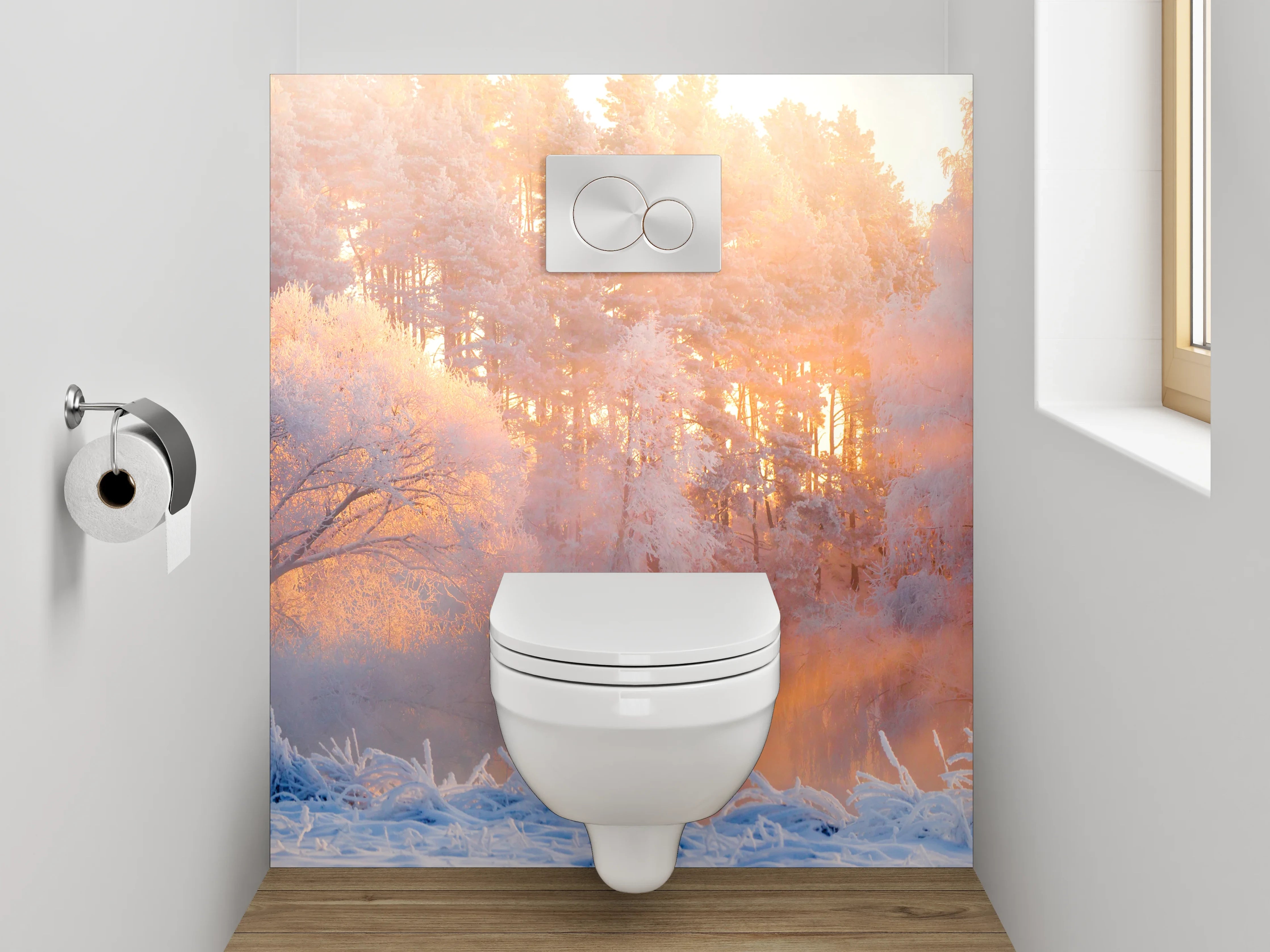 WC-Rückwand - Winterliche Sonnenstrahlen im verschneiten Wald