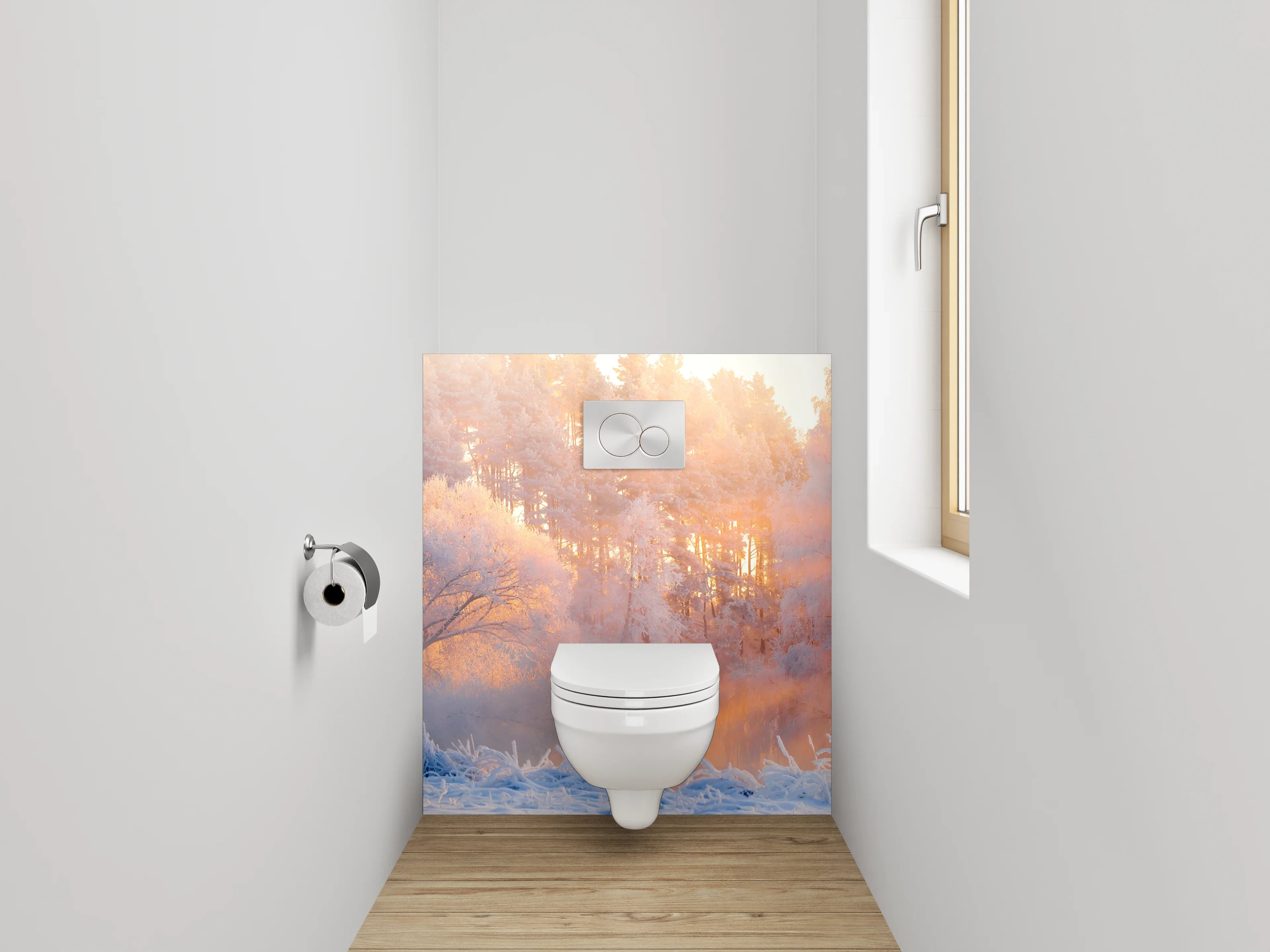 WC-Rückwand - Winterliche Sonnenstrahlen im verschneiten Wald
