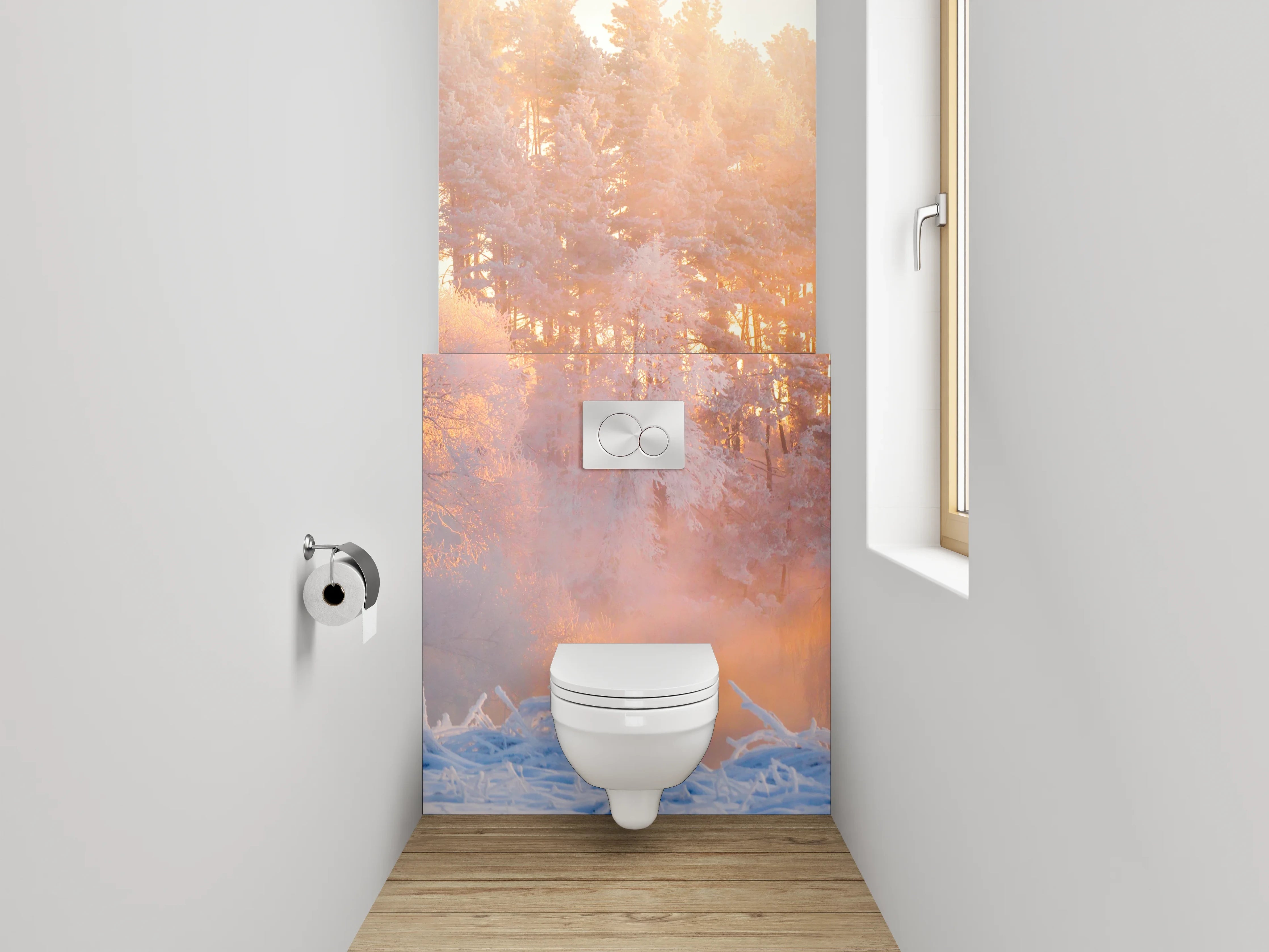 WC-Rückwand - Winterliche Sonnenstrahlen im verschneiten Wald