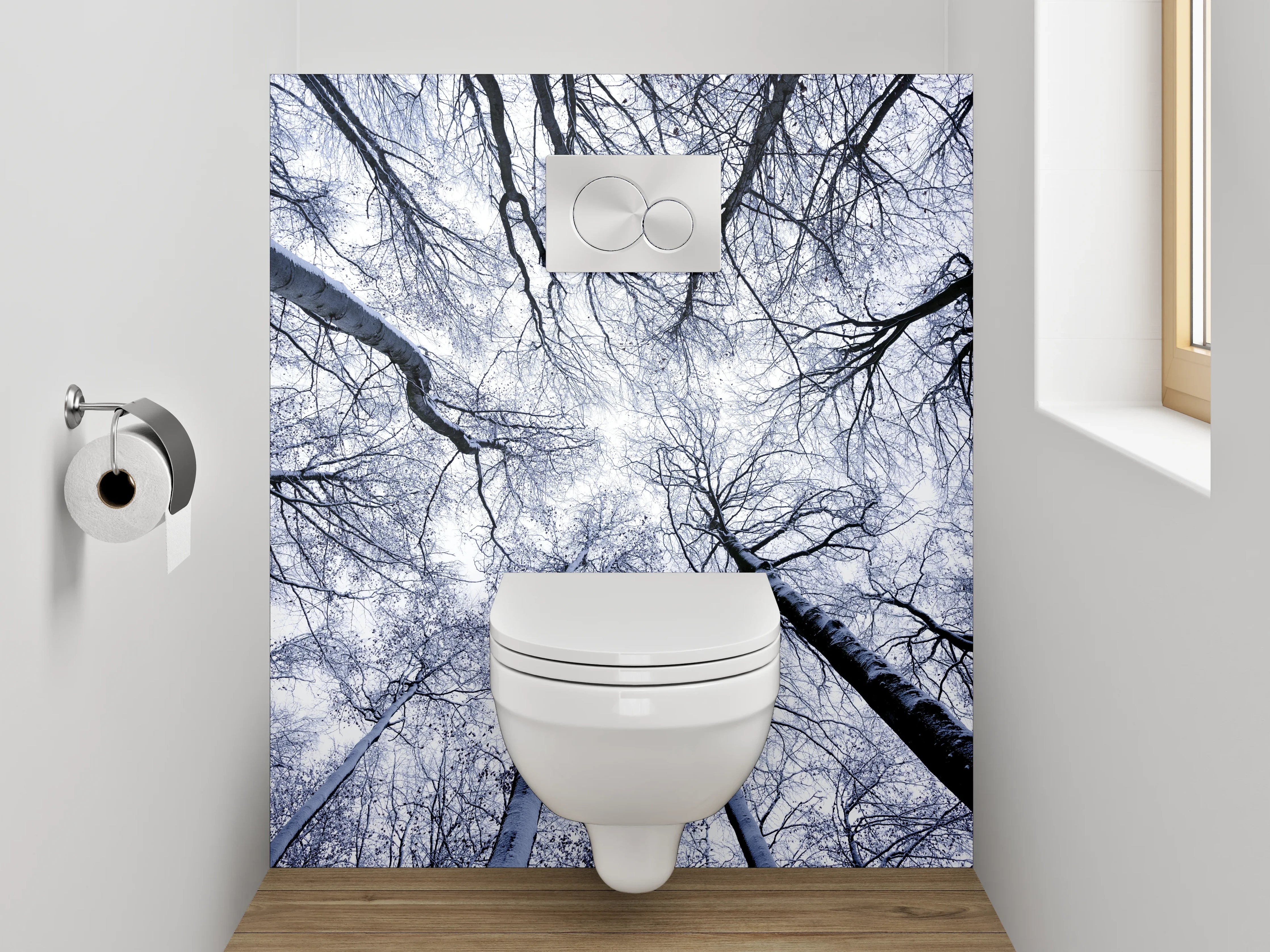 WC-Rückwand - Winterlicher Birkenwald von unten