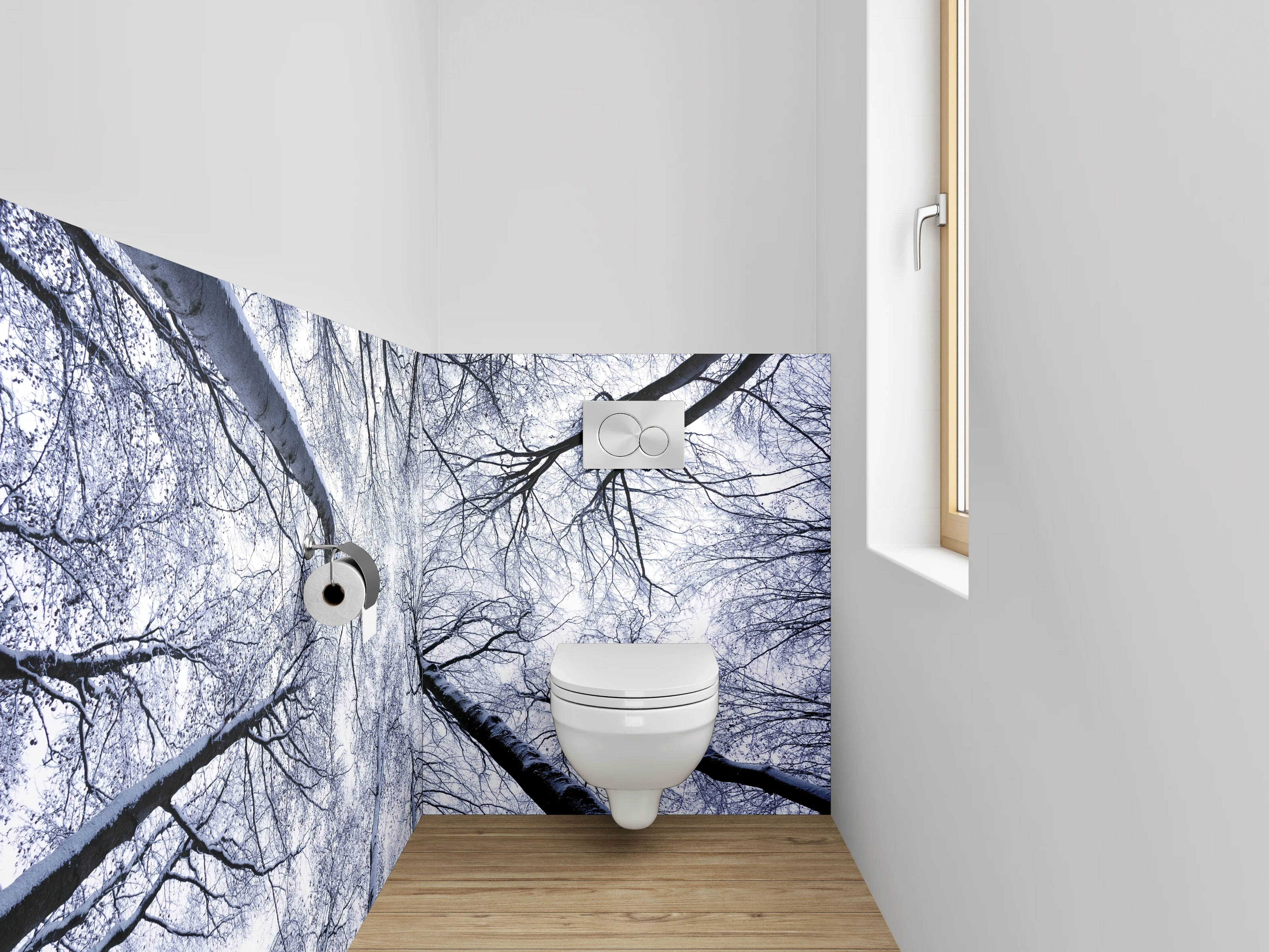 WC-Rückwand - Winterlicher Birkenwald von unten