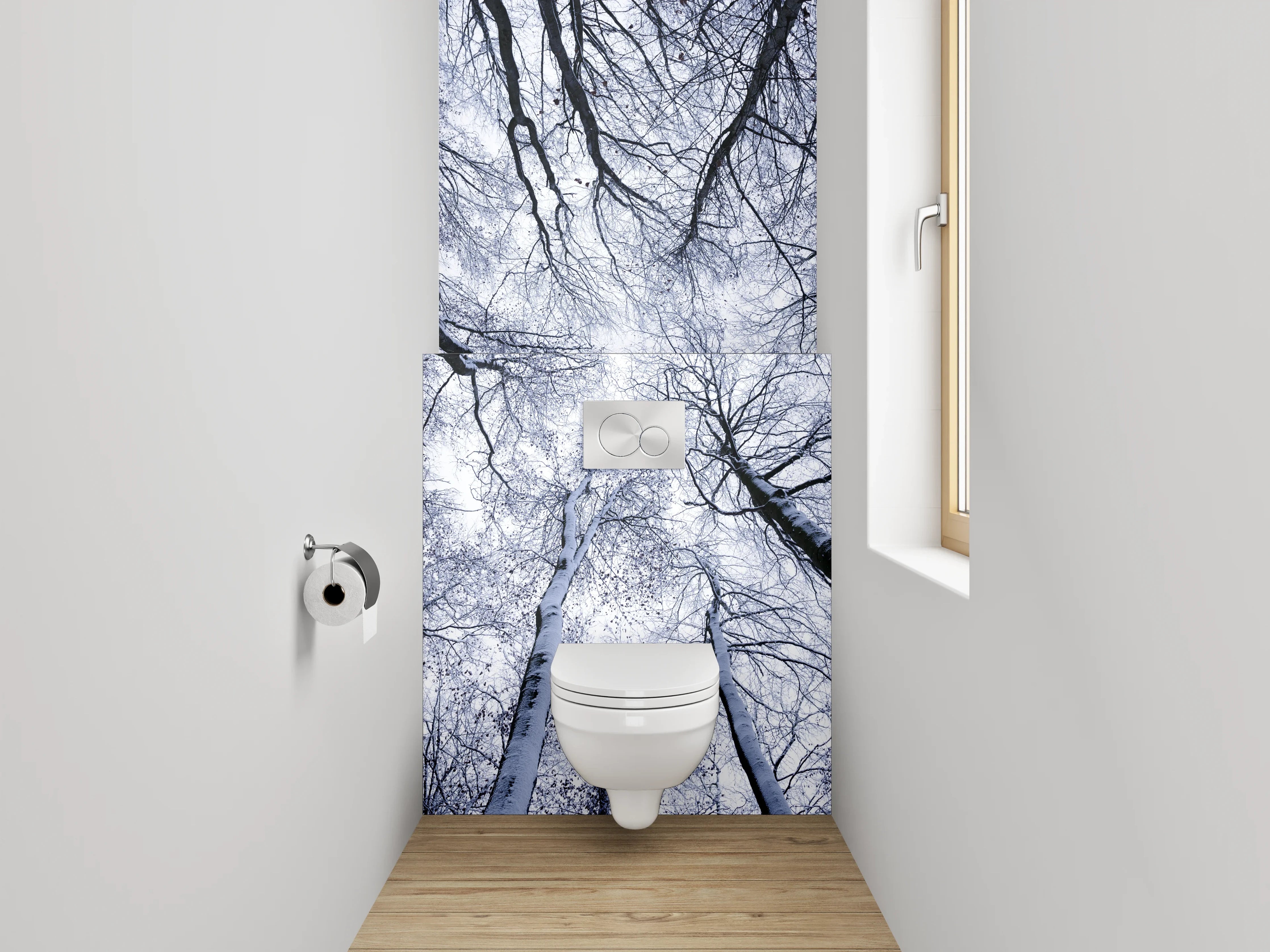 WC-Rückwand - Winterlicher Birkenwald von unten