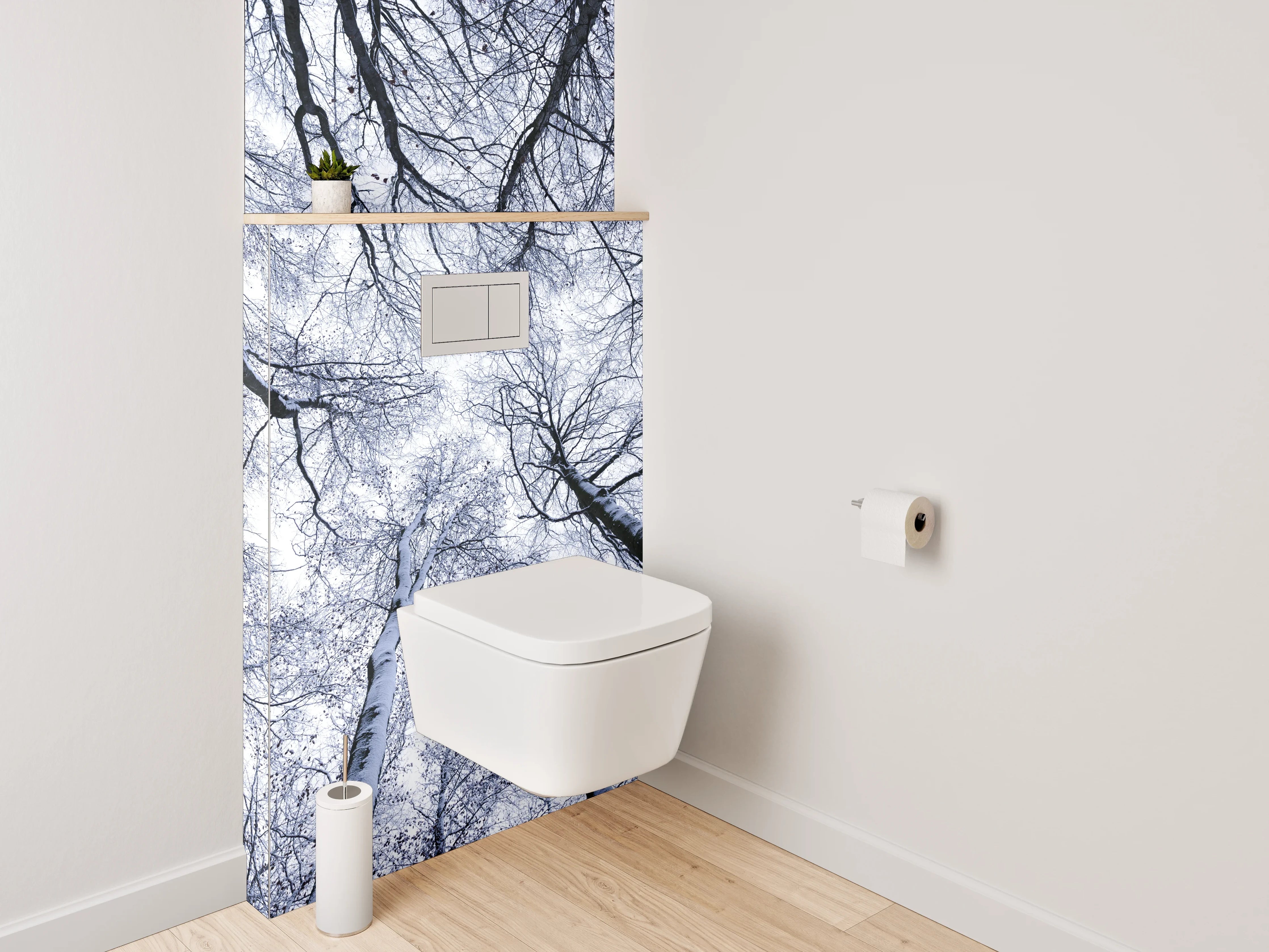 WC-Rückwand - Winterlicher Birkenwald von unten