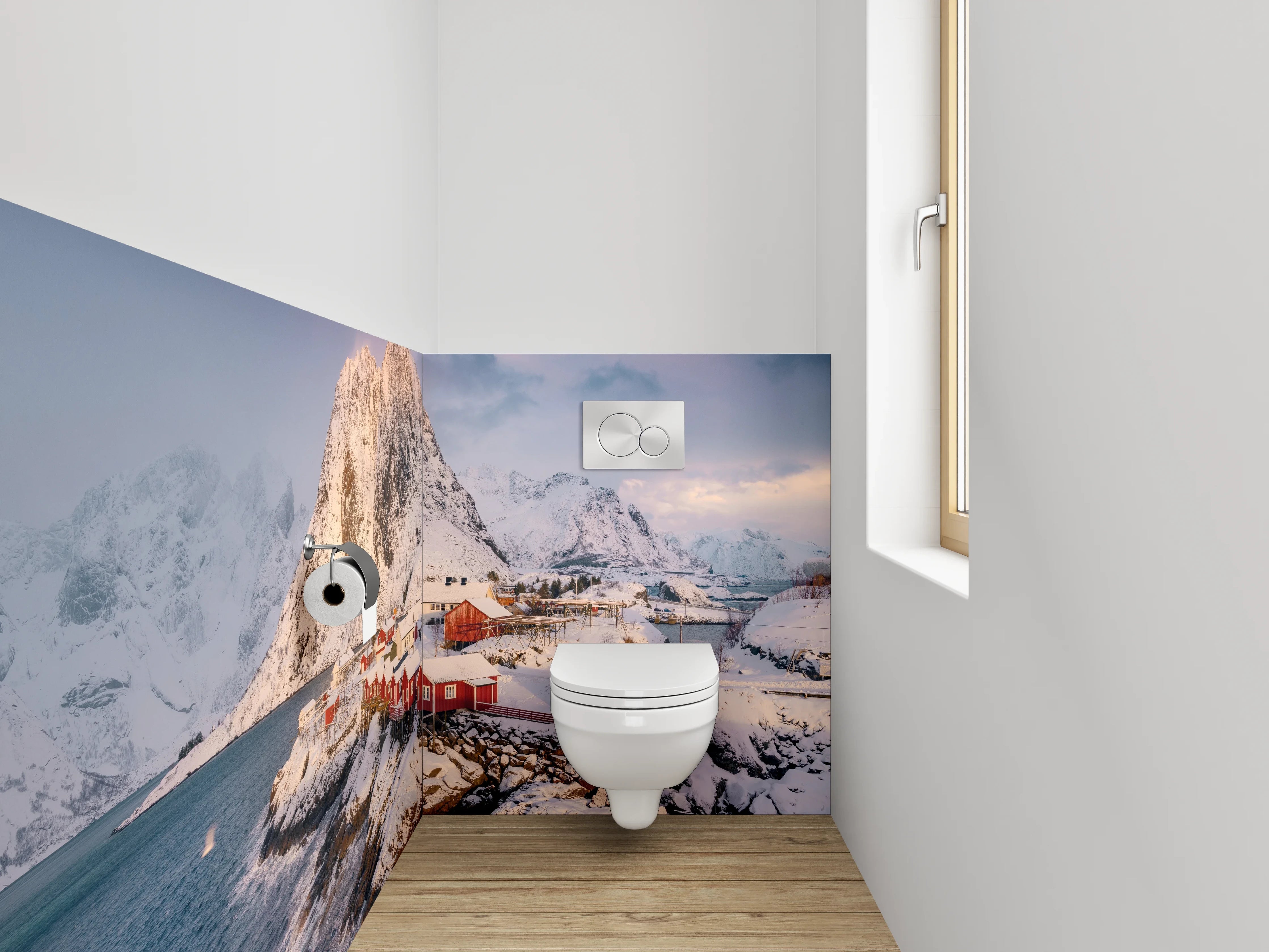 WC-Rückwand - Winterliches Fischerdorf mit Bergen