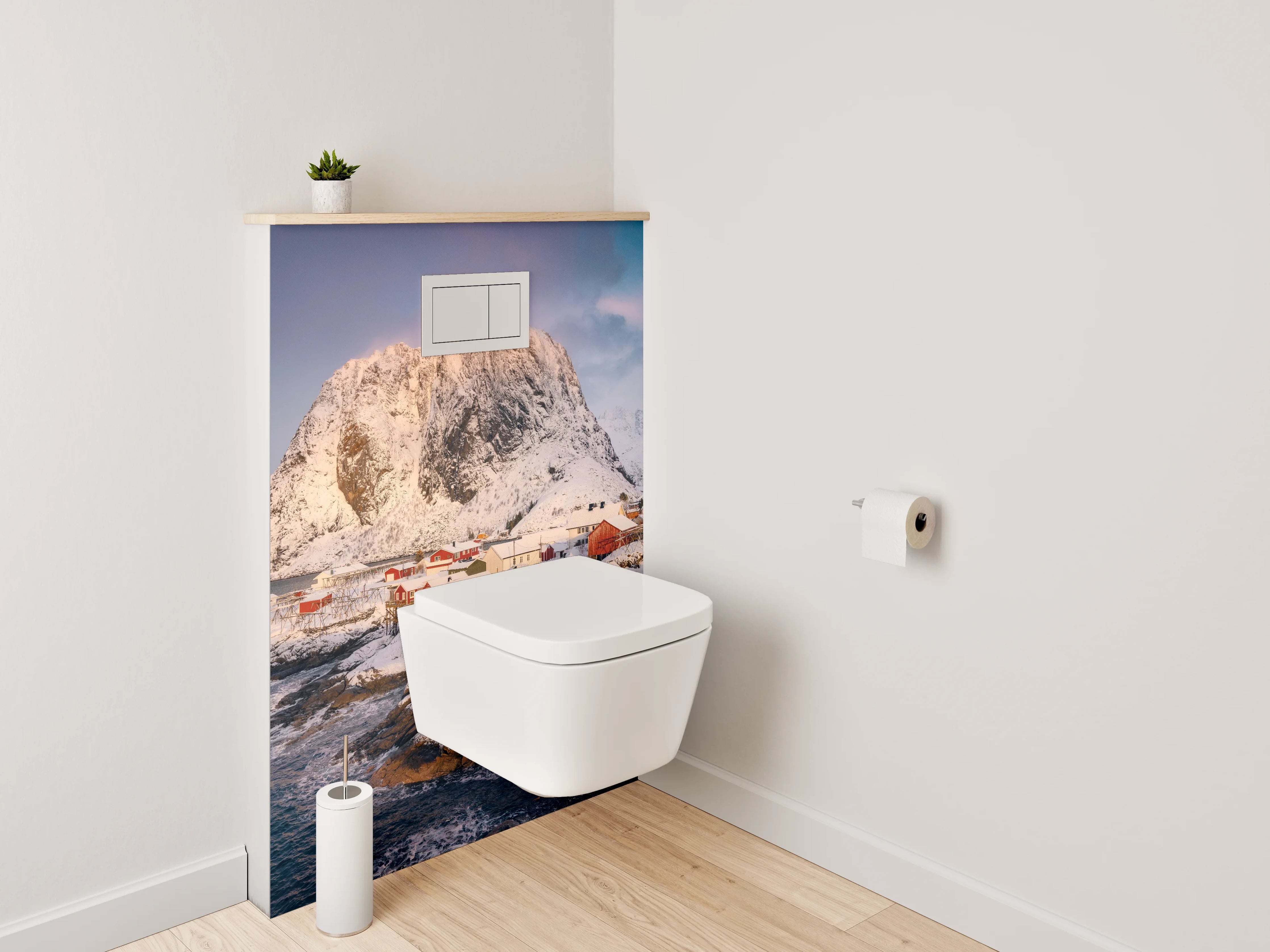 WC-Rückwand - Winterliches Fischerdorf mit Bergen