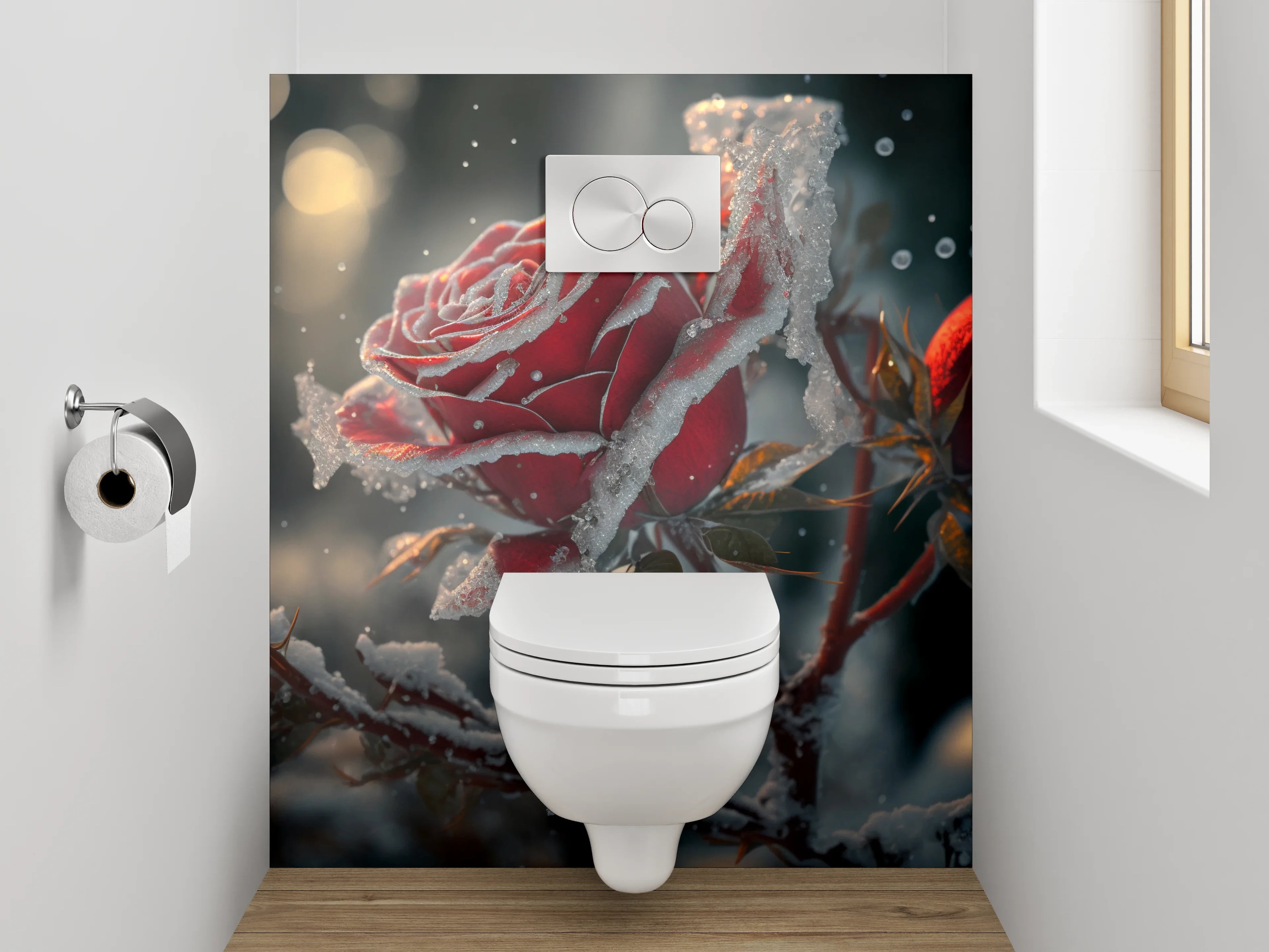 WC-Rückwand - Winterrose mit Raureif-Magie