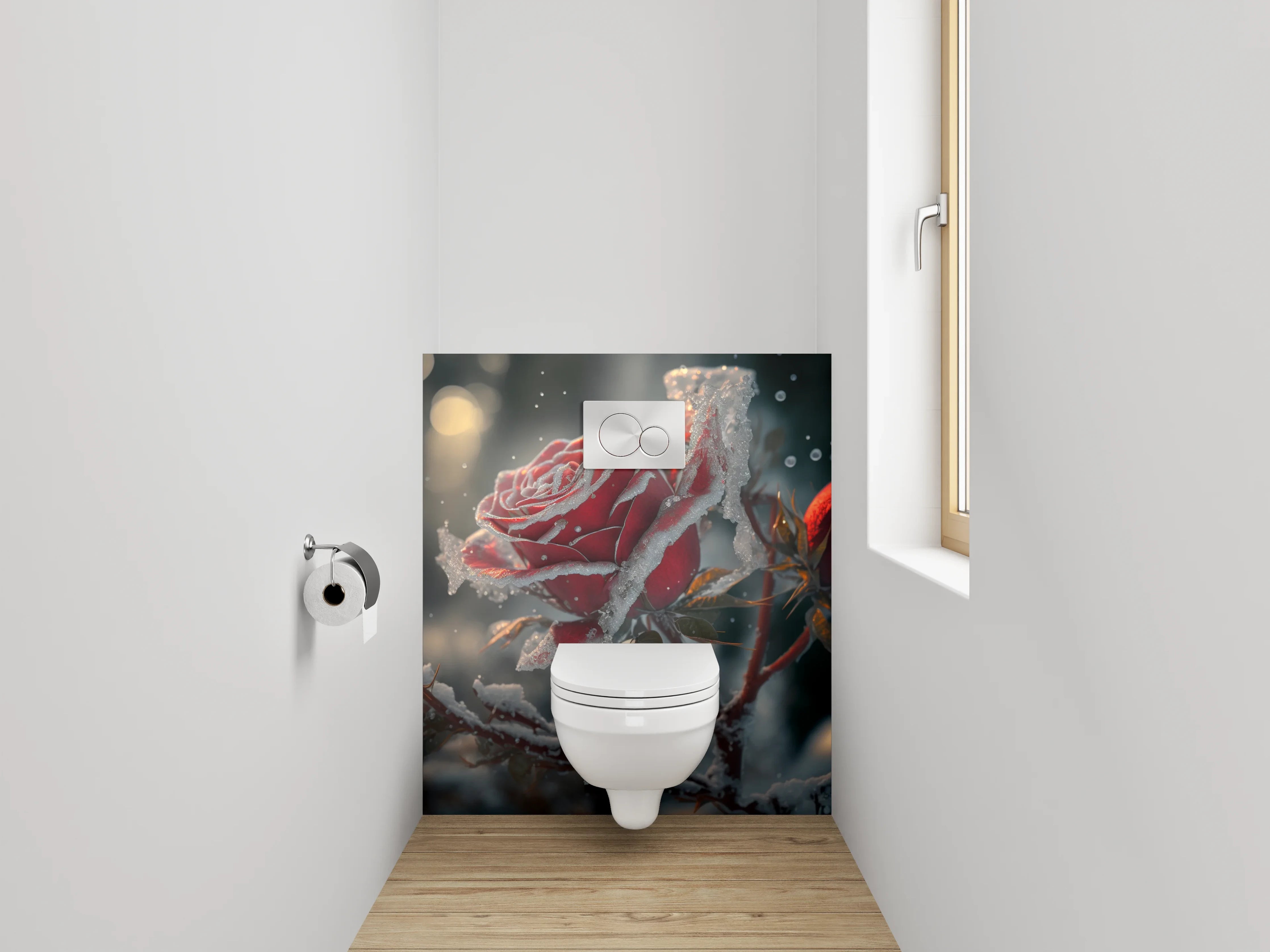 WC-Rückwand - Winterrose mit Raureif-Magie