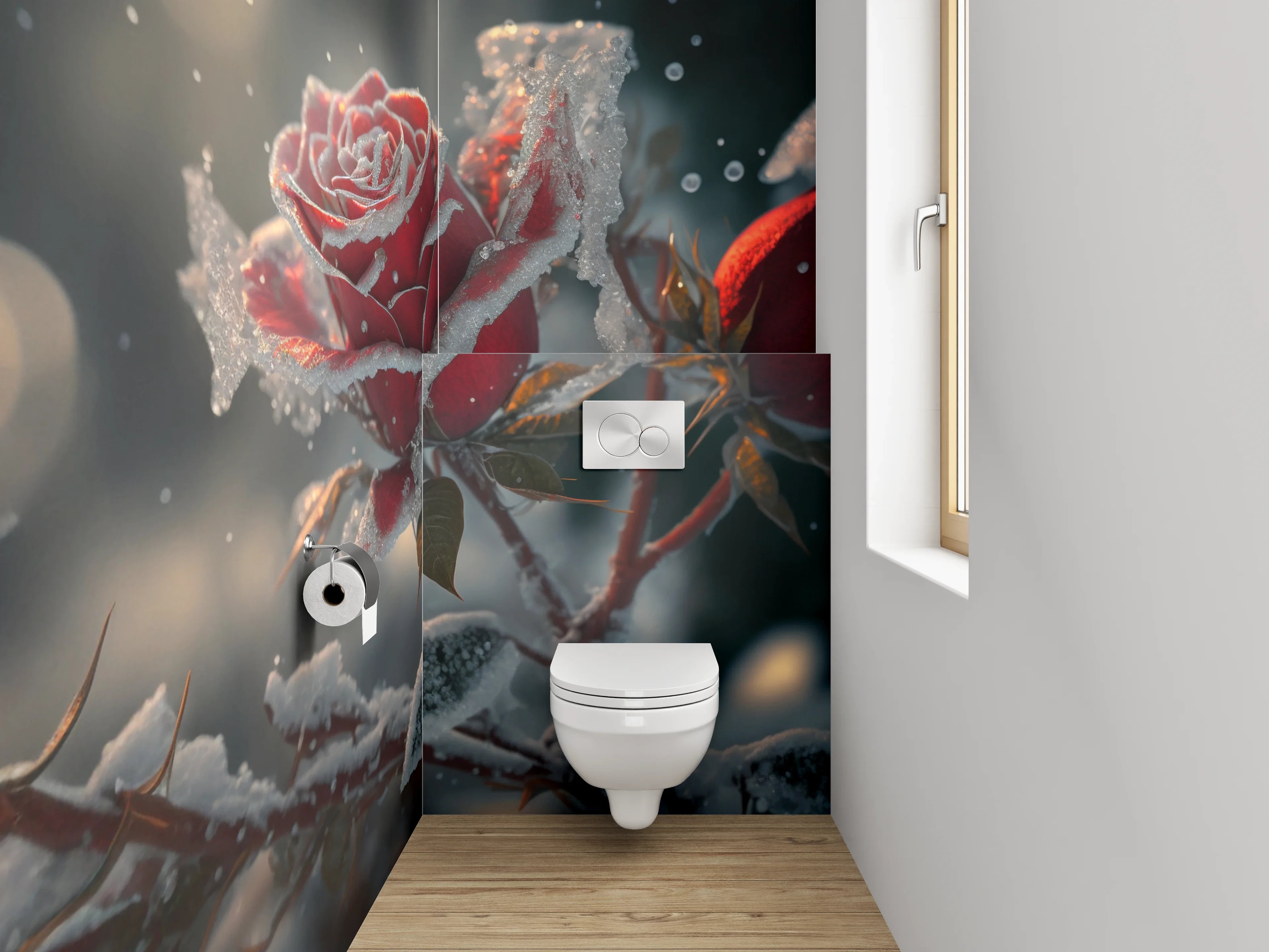 WC-Rückwand - Winterrose mit Raureif-Magie