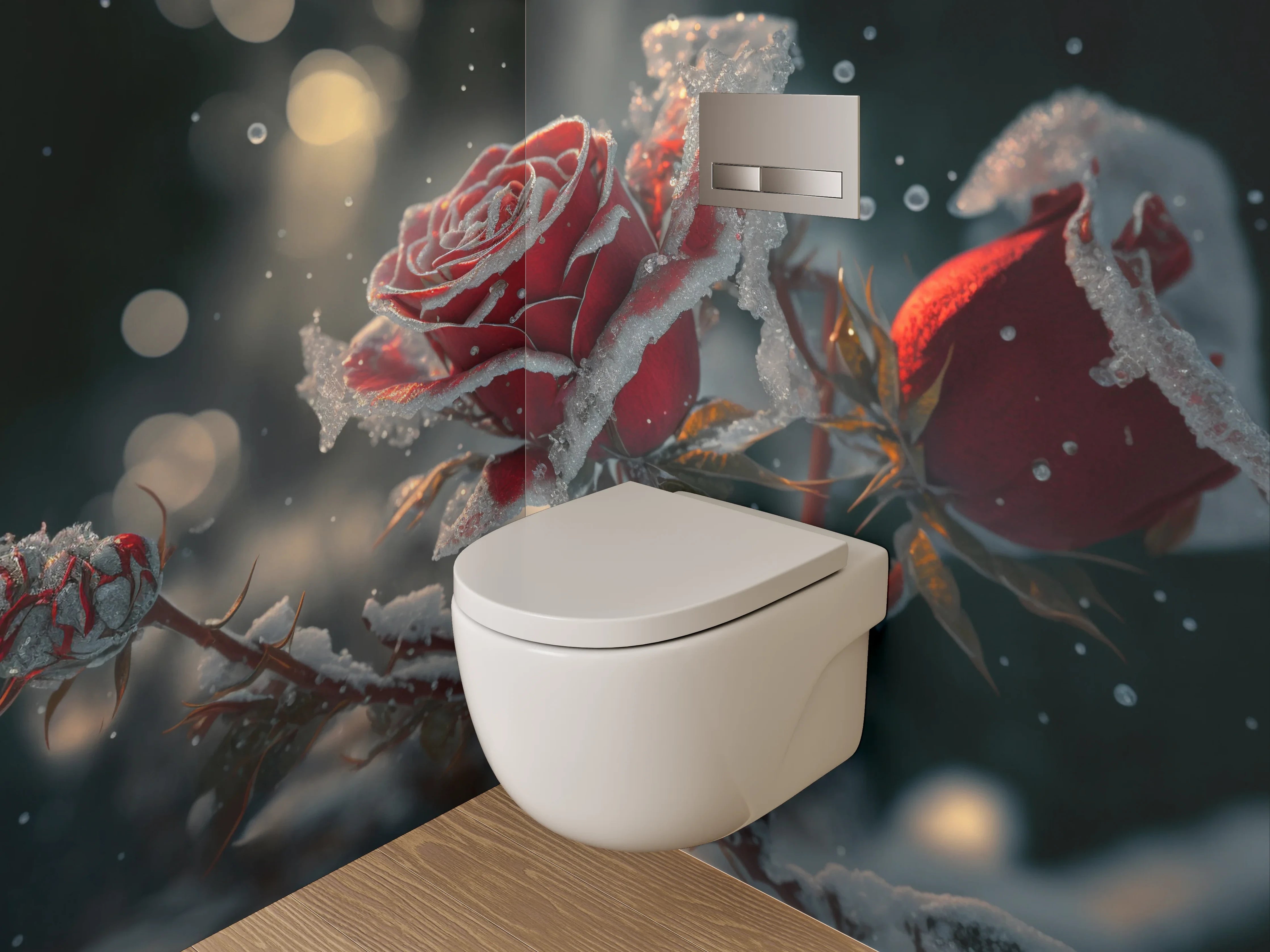 WC-Rückwand - Winterrose mit Raureif-Magie