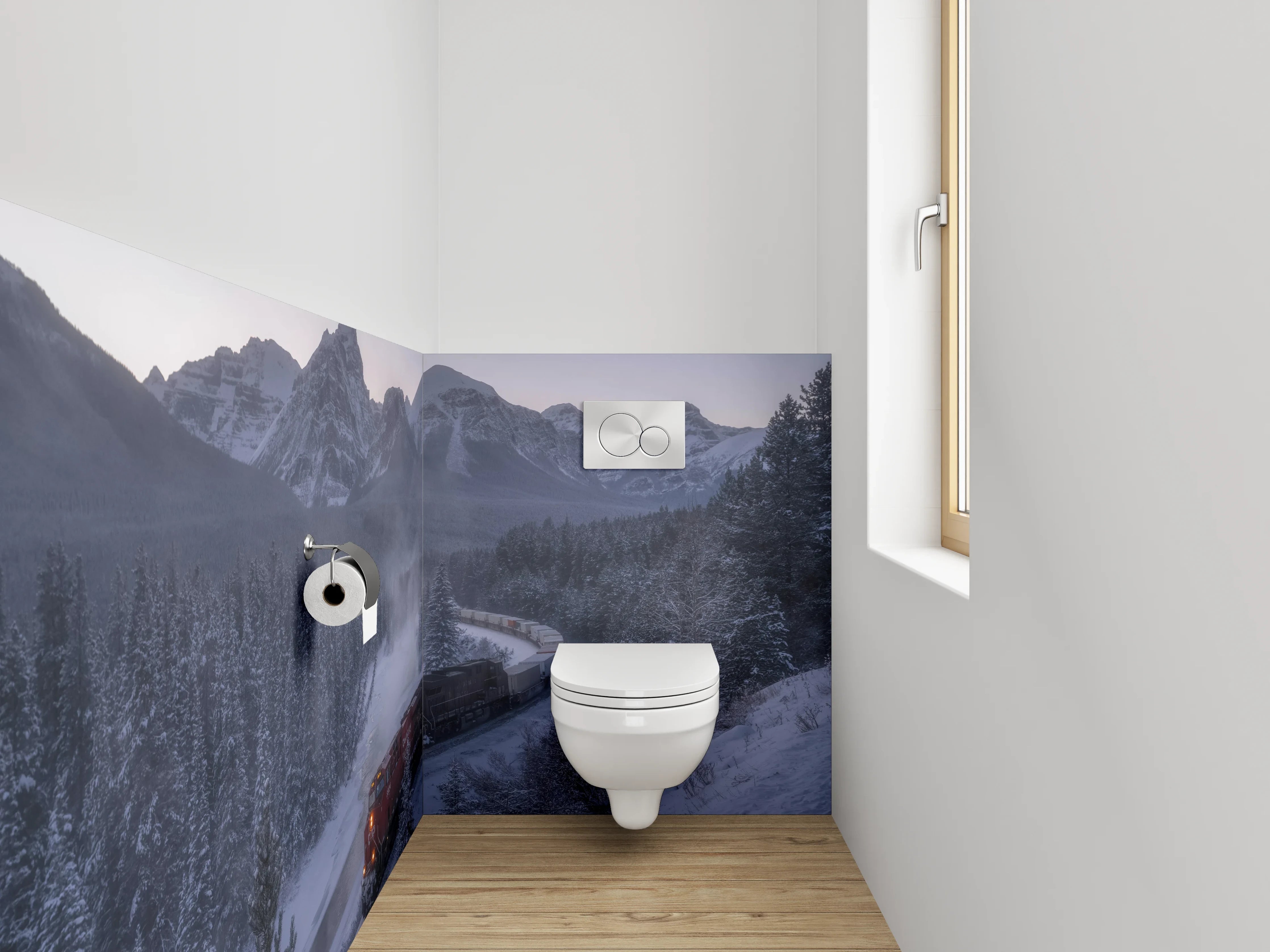 WC-Rückwand - Winterzug durch verschneite Berglandschaft