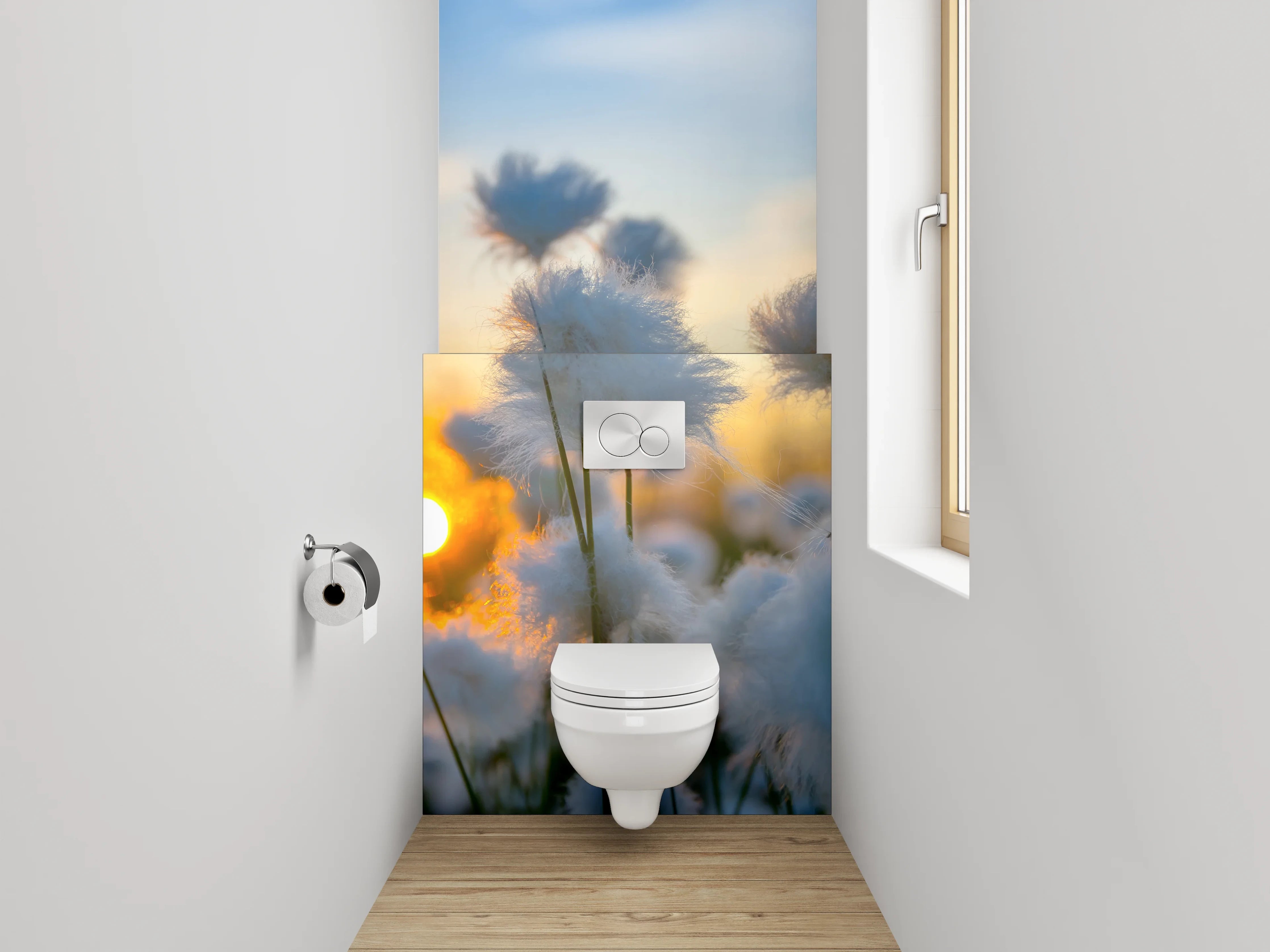 WC-Rückwand - Wollgras im Sonnenuntergang