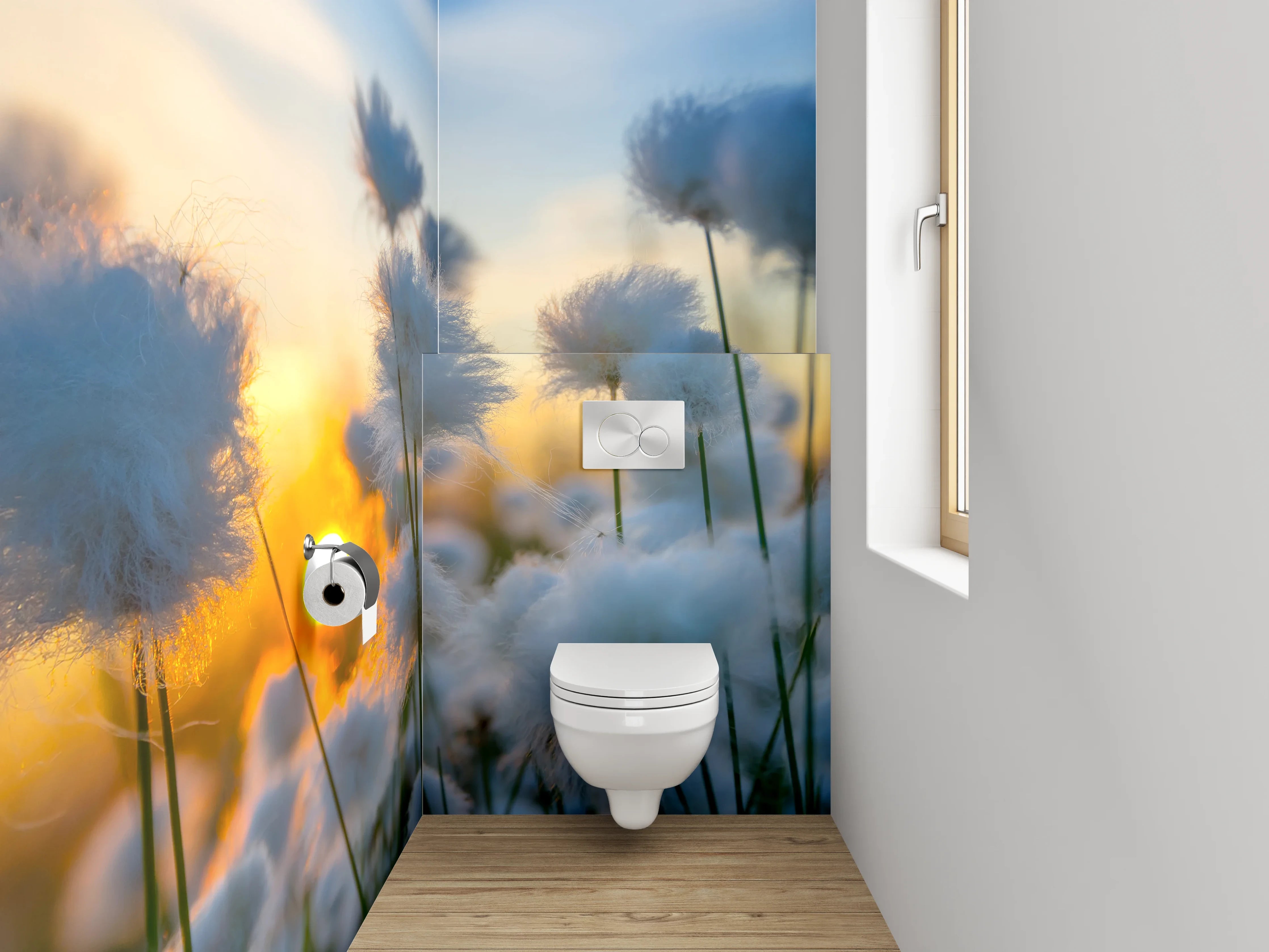 WC-Rückwand - Wollgras im Sonnenuntergang