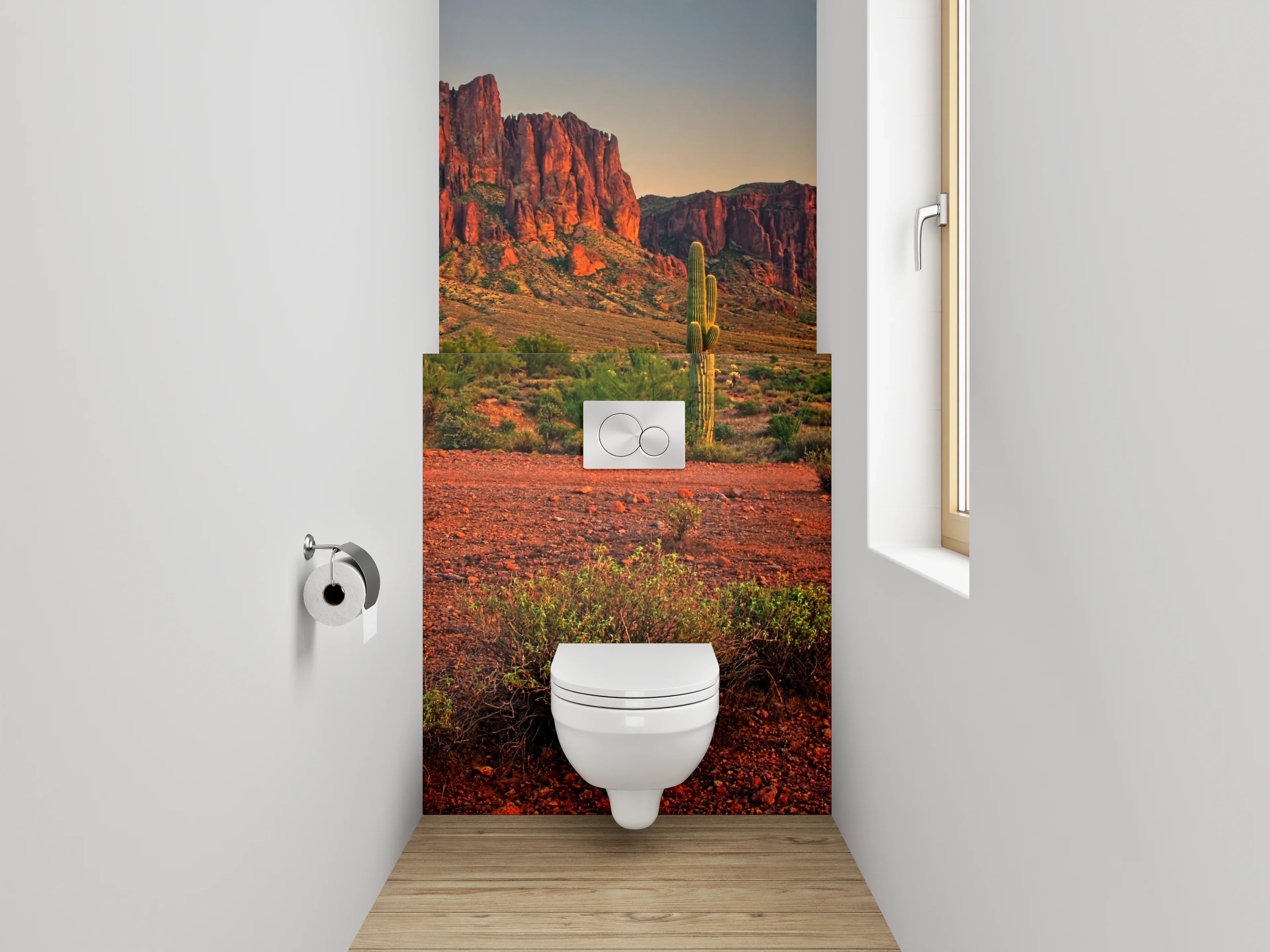 WC-Rückwand - Wüstenlandschaft mit Kakteen und roten Felsen