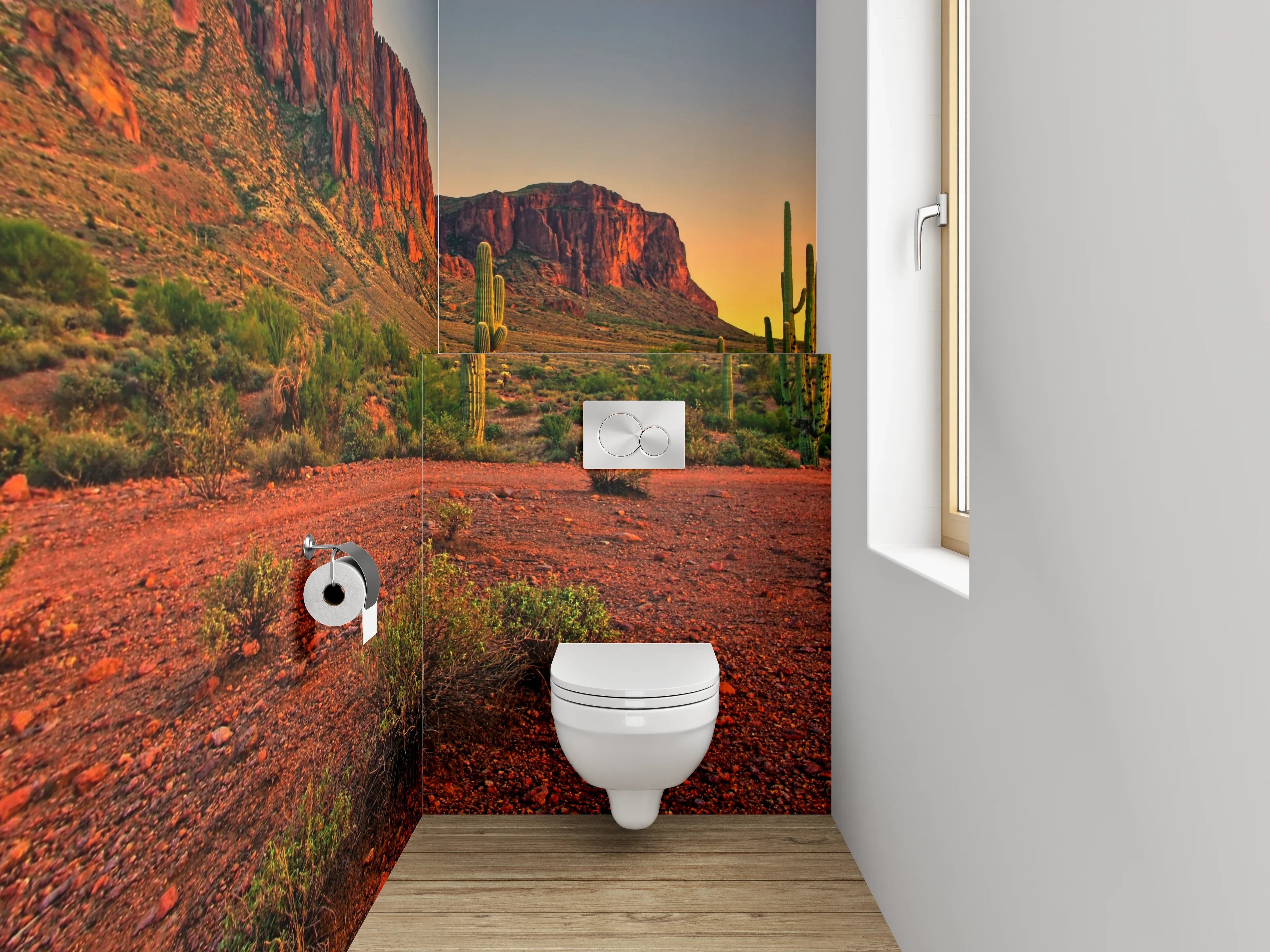 WC-Rückwand - Wüstenlandschaft mit Kakteen und roten Felsen