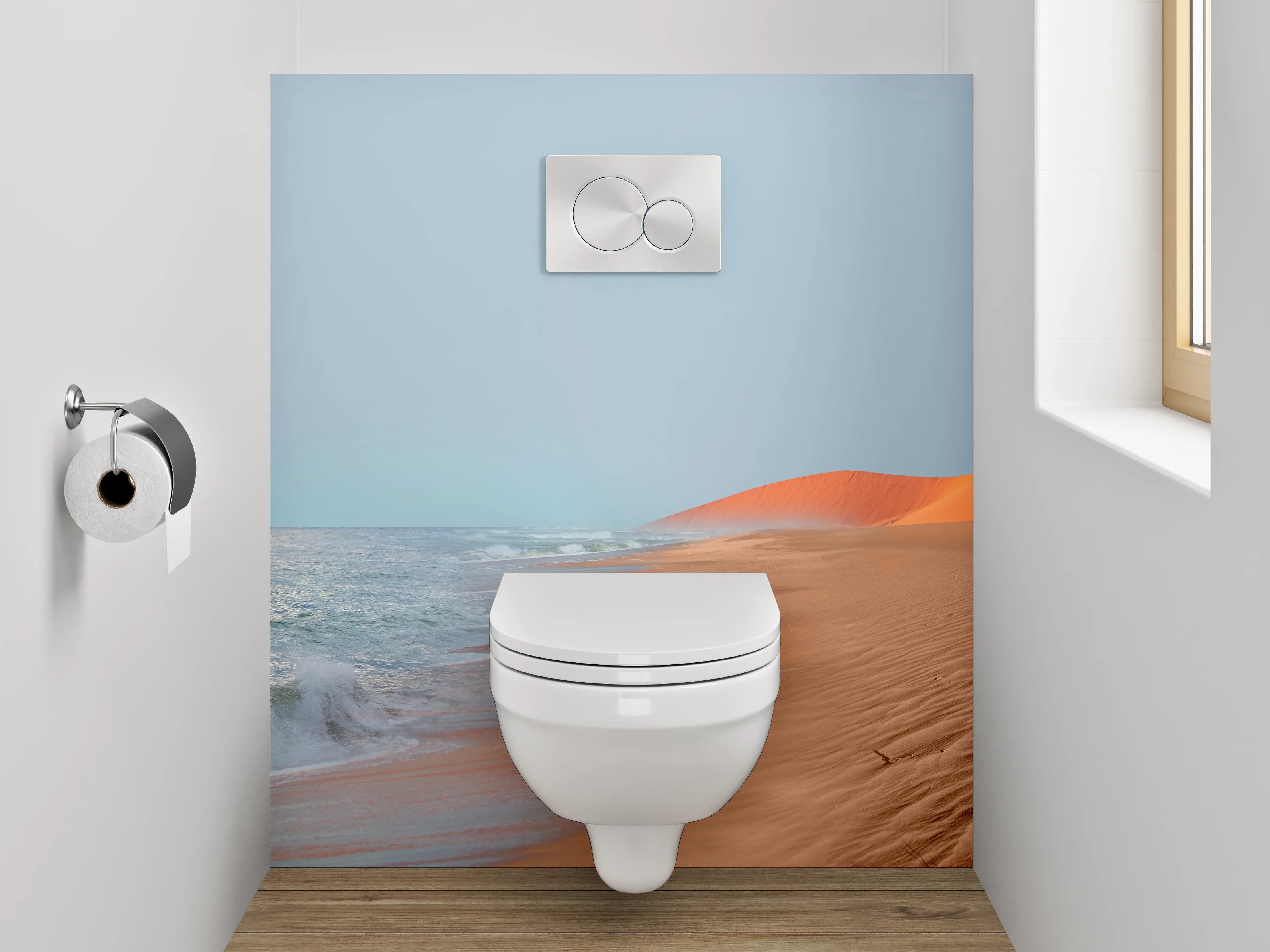 WC-Rückwand - Wüstenstrand mit Meereswellen und Sonne
