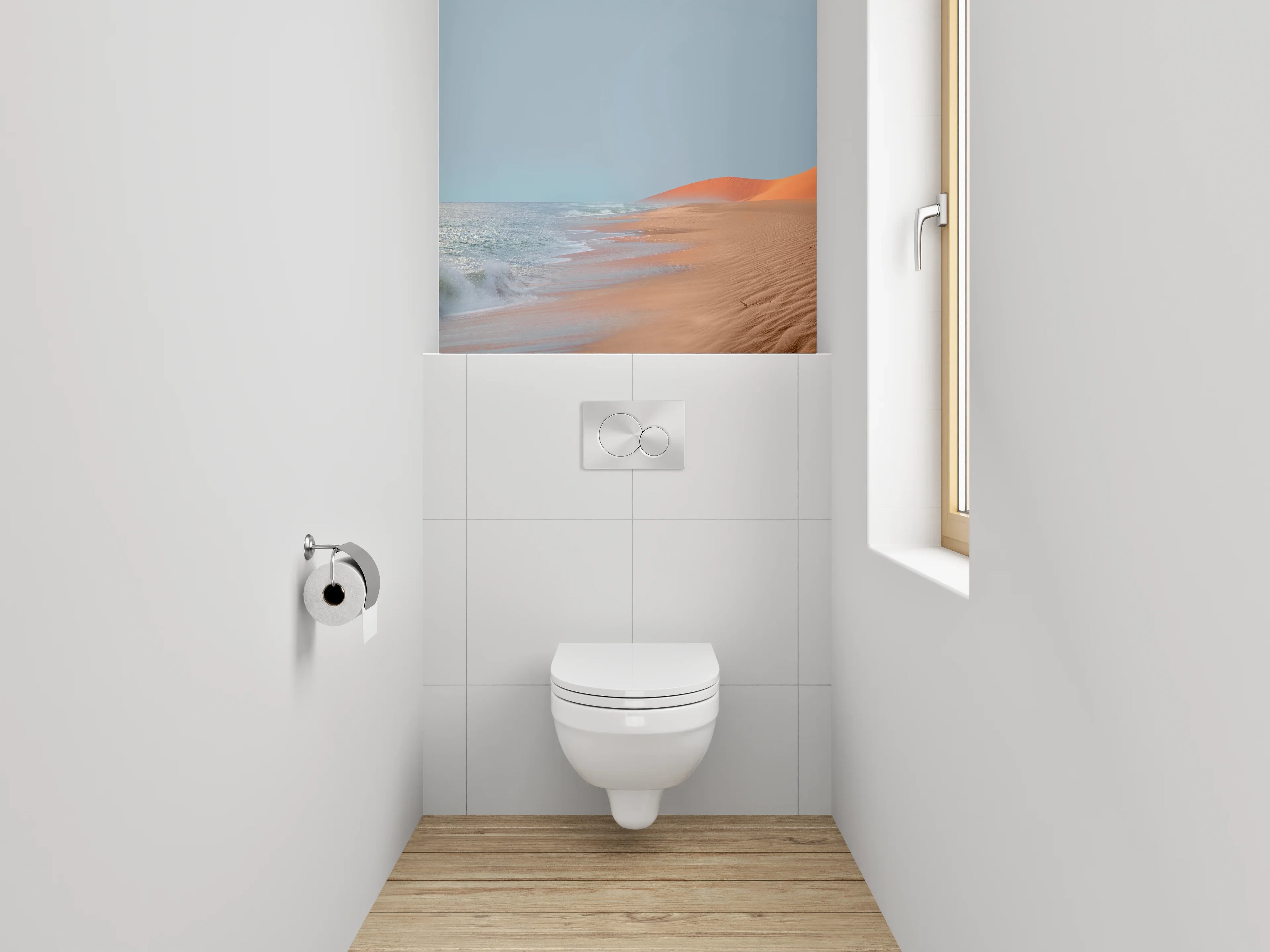 WC-Rückwand - Wüstenstrand mit Meereswellen und Sonne