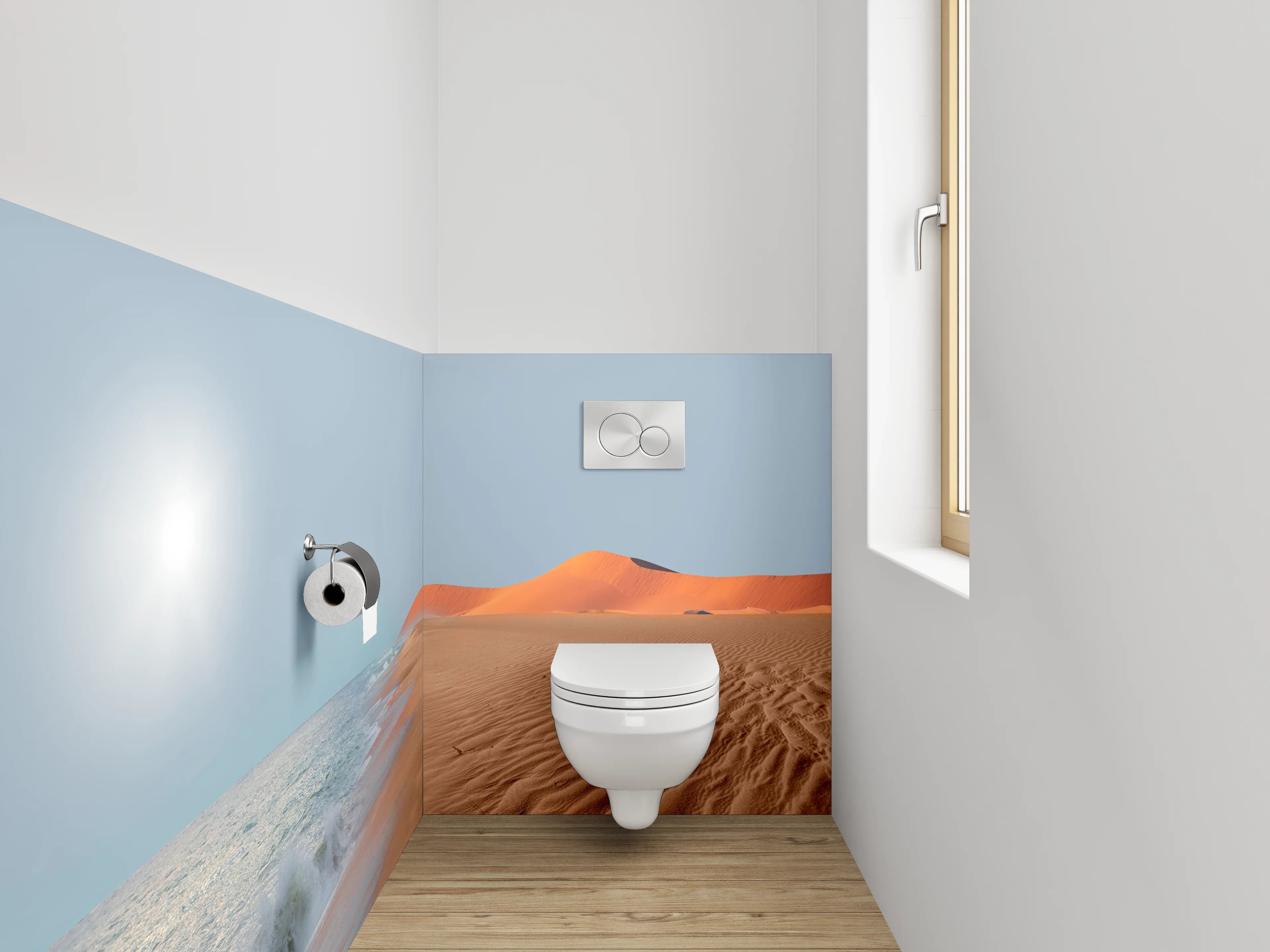 WC-Rückwand - Wüstenstrand mit Meereswellen und Sonne