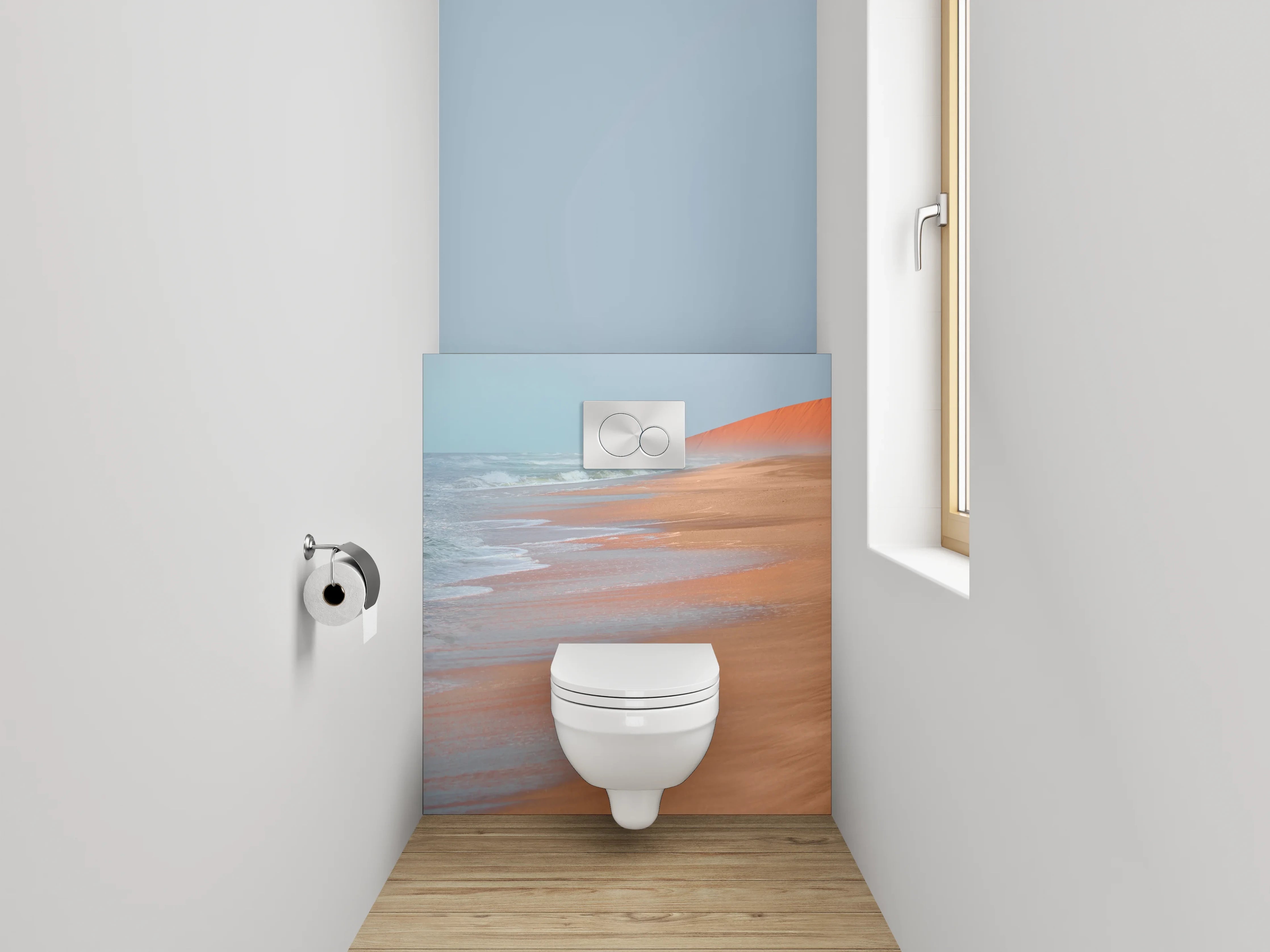 WC-Rückwand - Wüstenstrand mit Meereswellen und Sonne
