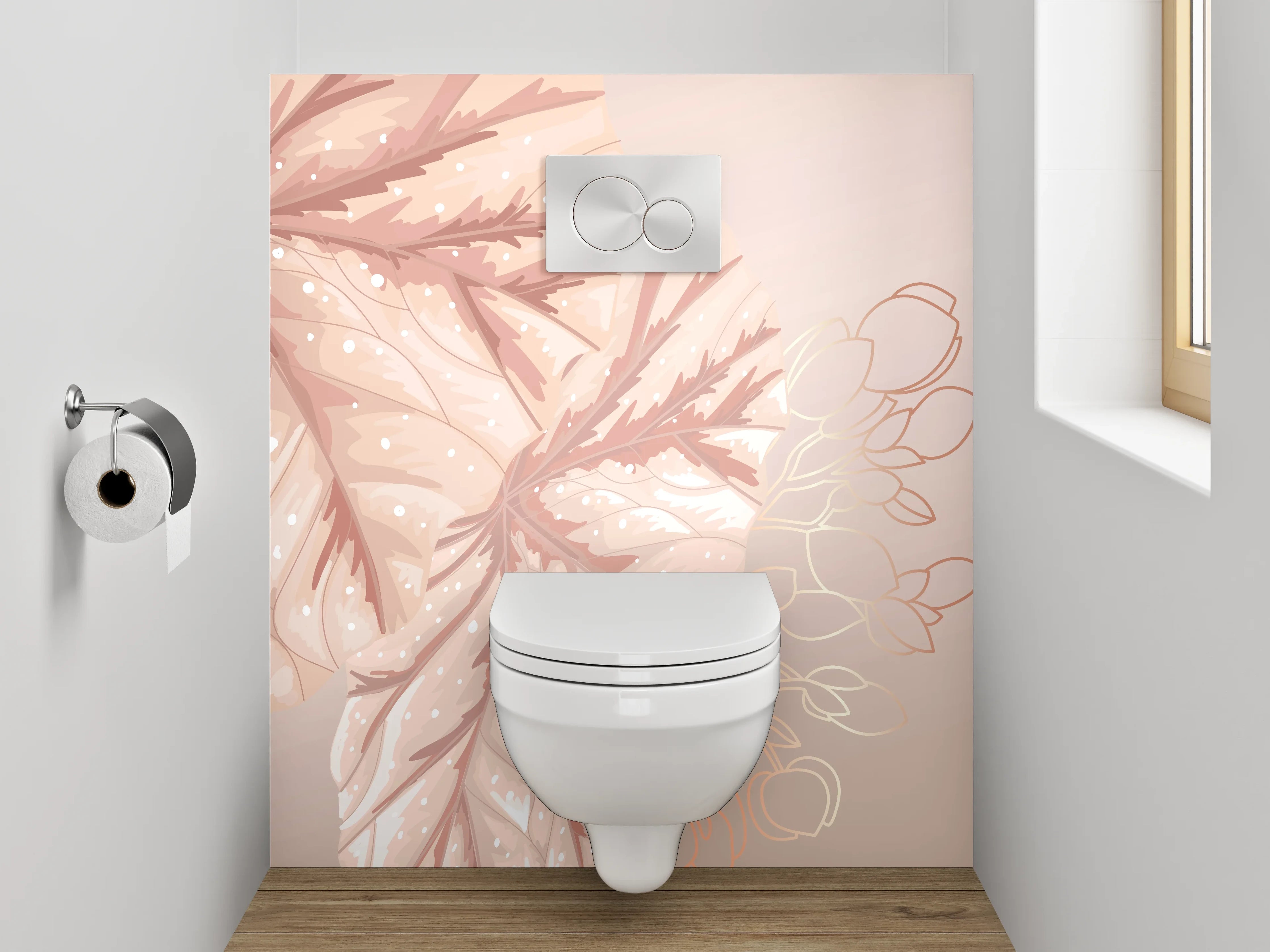 WC-Rückwand - Zarte Blätter Aquarell Rosa Beige