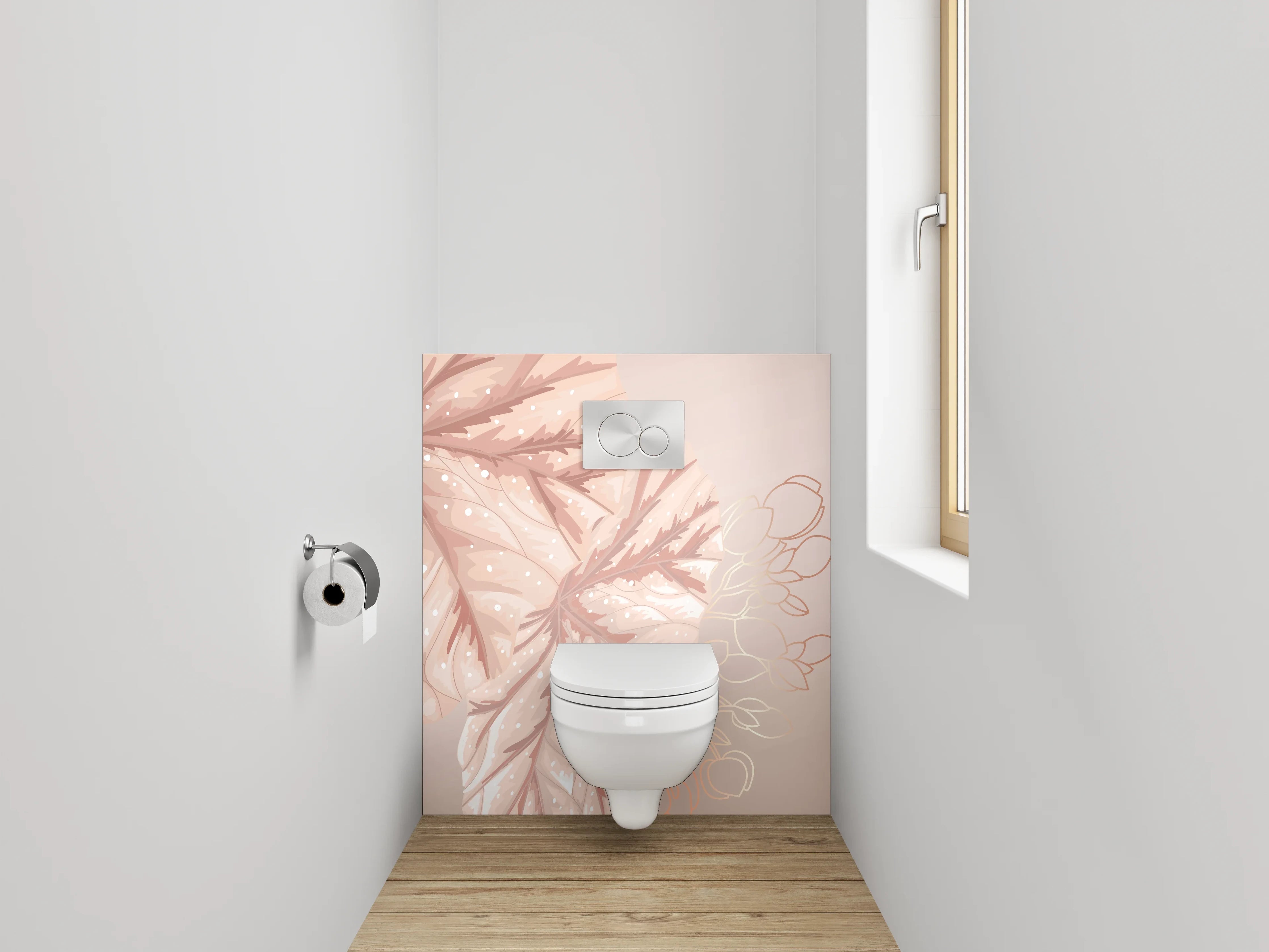 WC-Rückwand - Zarte Blätter Aquarell Rosa Beige