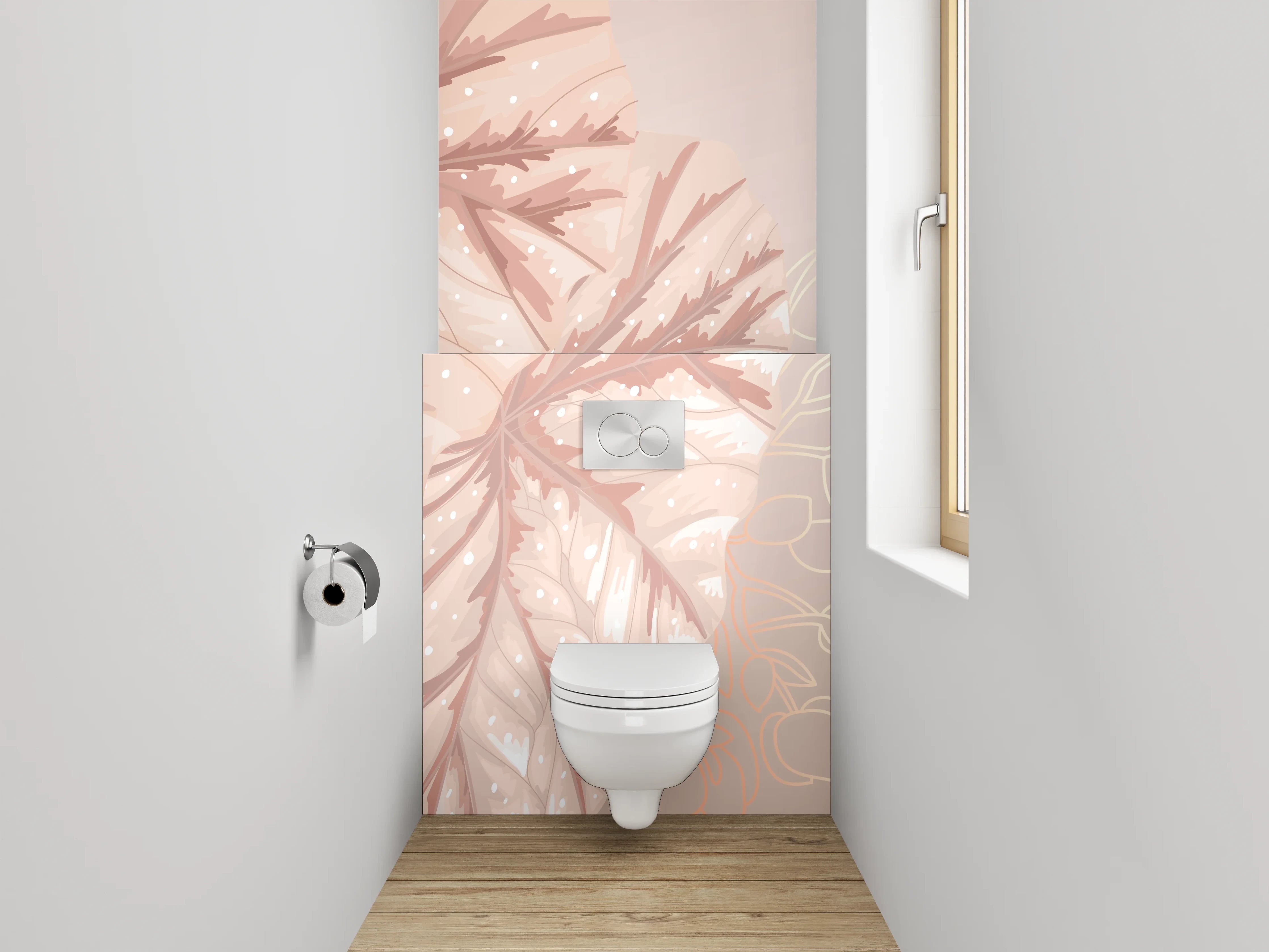 WC-Rückwand - Zarte Blätter Aquarell Rosa Beige