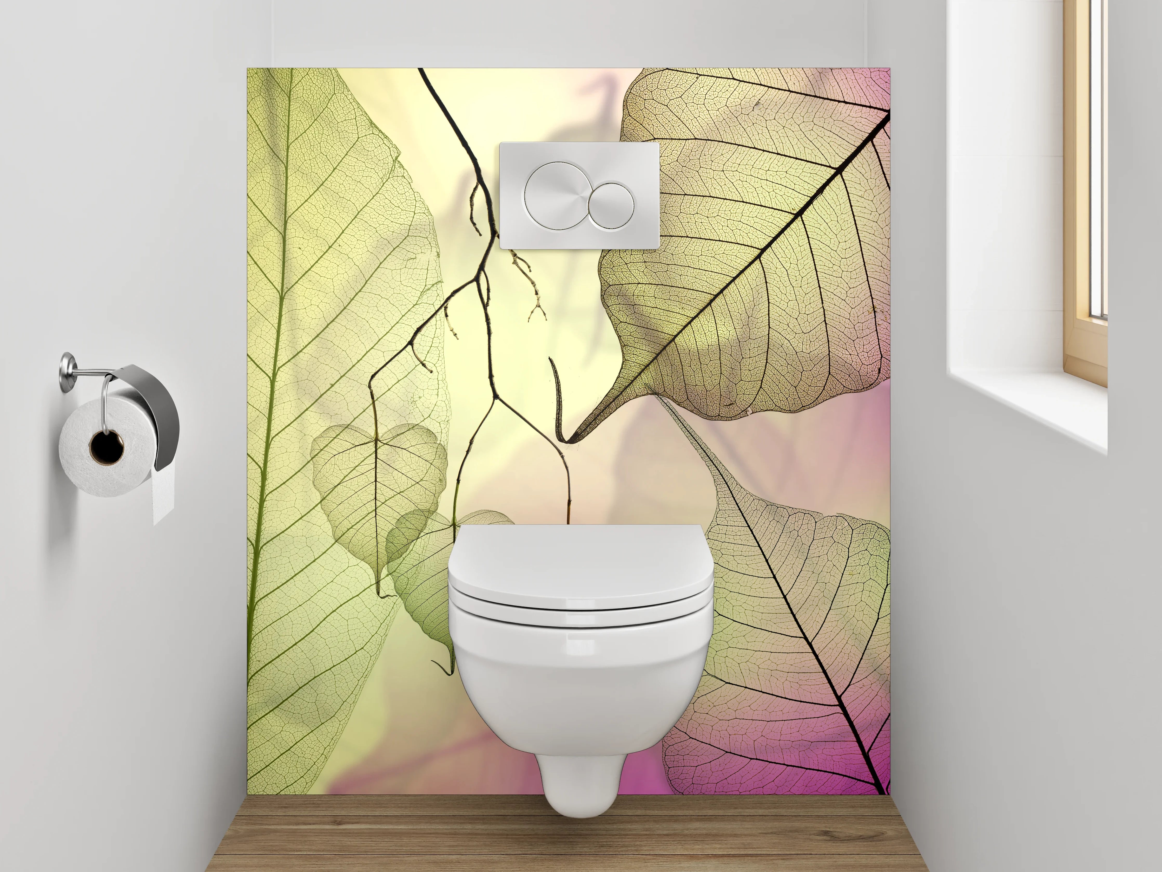 WC-Rückwand - Zarte Blätter auf sanftem Pastell