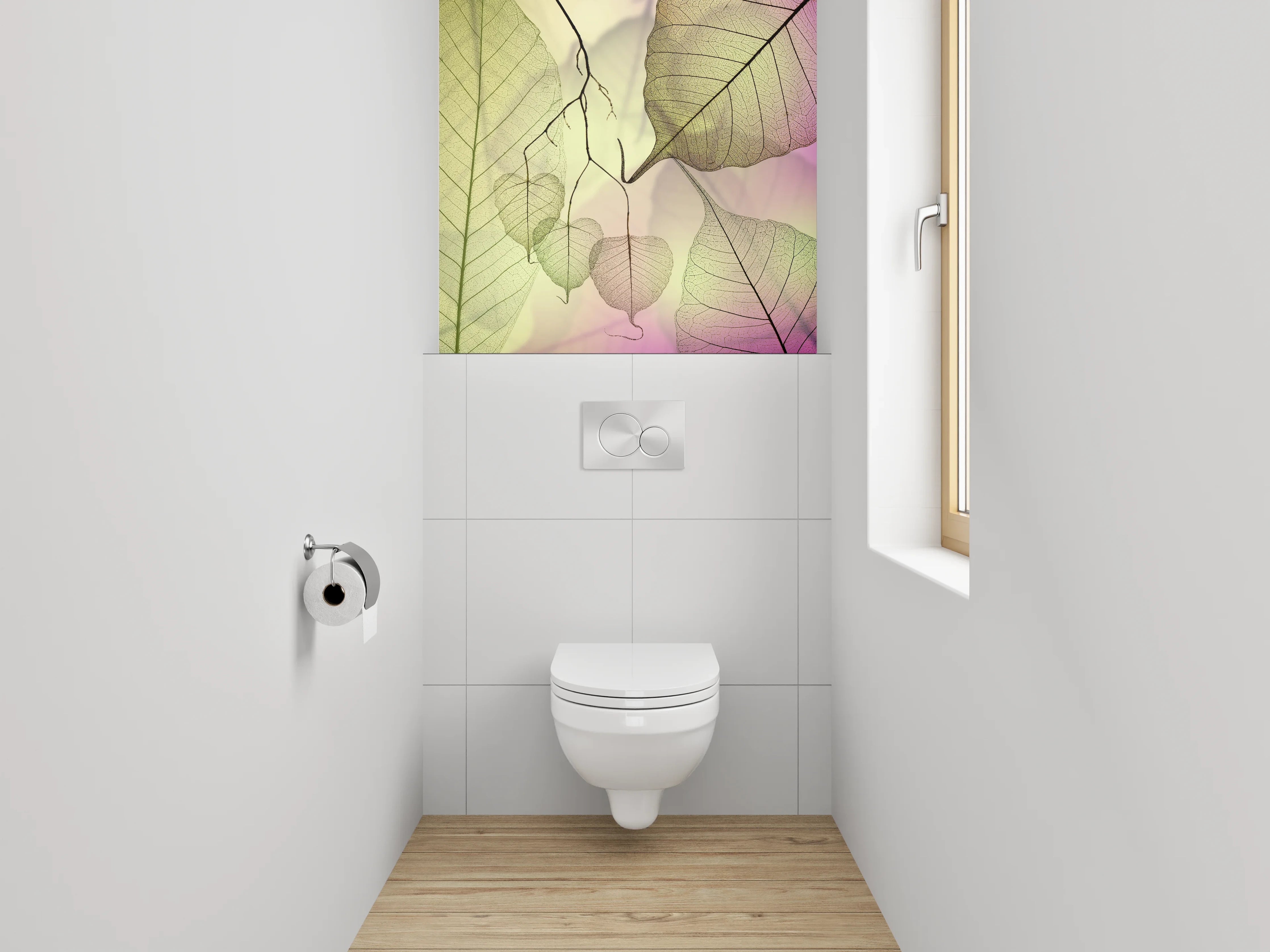 WC-Rückwand - Zarte Blätter auf sanftem Pastell